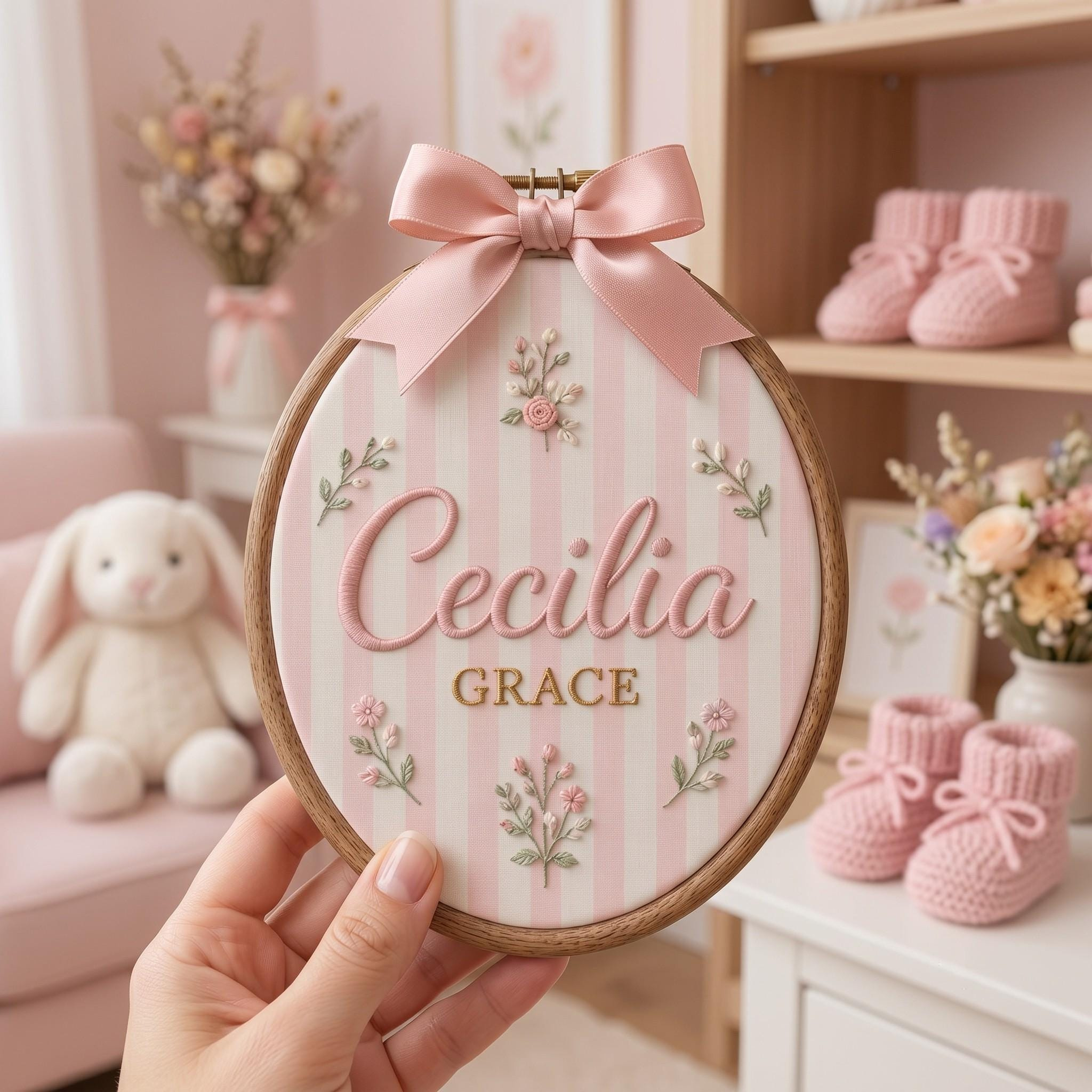 Personalized Baby Name Sign, Vintage Floral Embroidered Oval Hoop for Nursery Decor Personalized Baby Name Sign, Vintage Floral Embroidered Oval Hoop for Nursery Decor