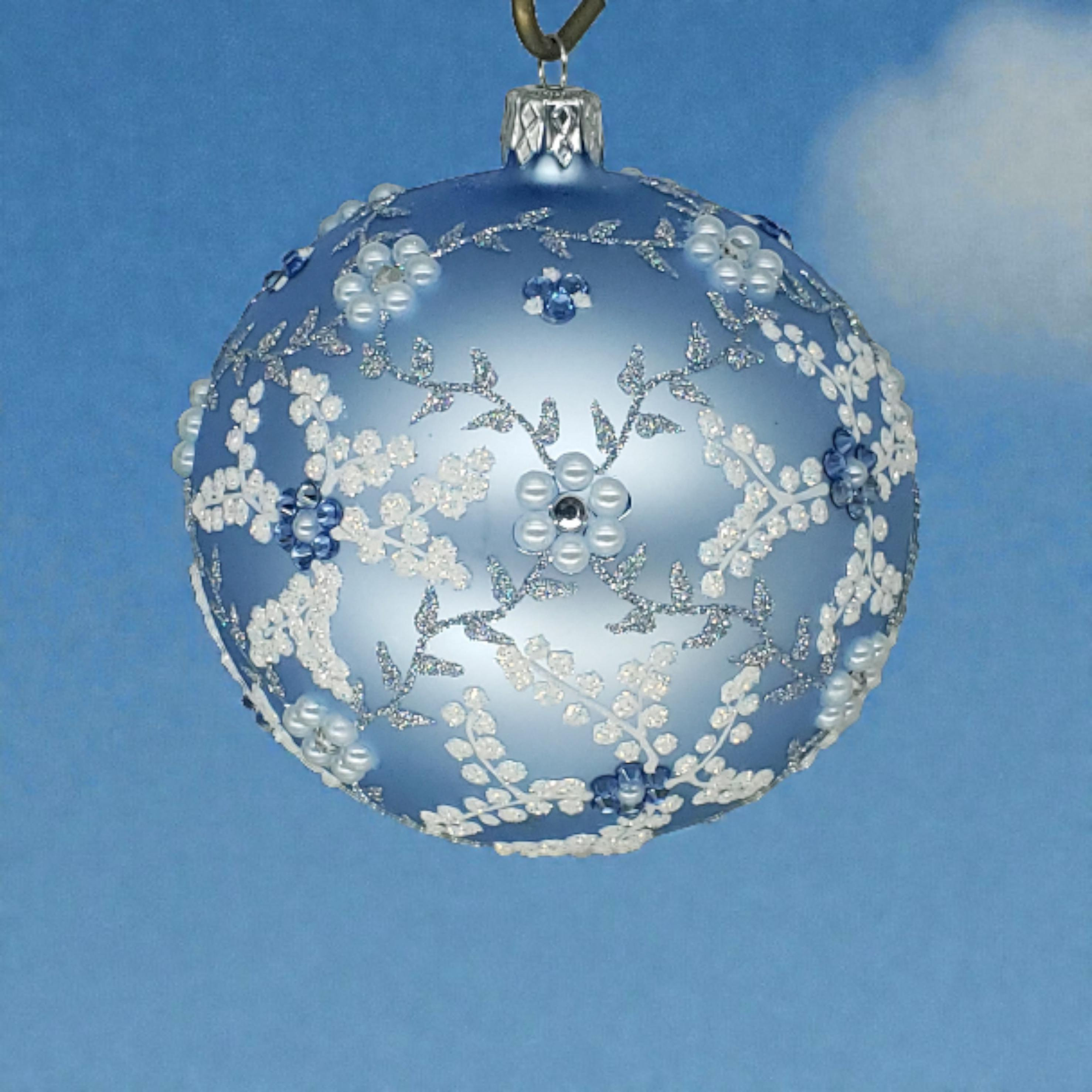 Glass Christmas Ornament with Frosted Floral Rhinestone Design in White or Blue 3 - MeasureMason Glass Christmas Ornament with Frosted Floral Rhinestone Design in White or Blue 3