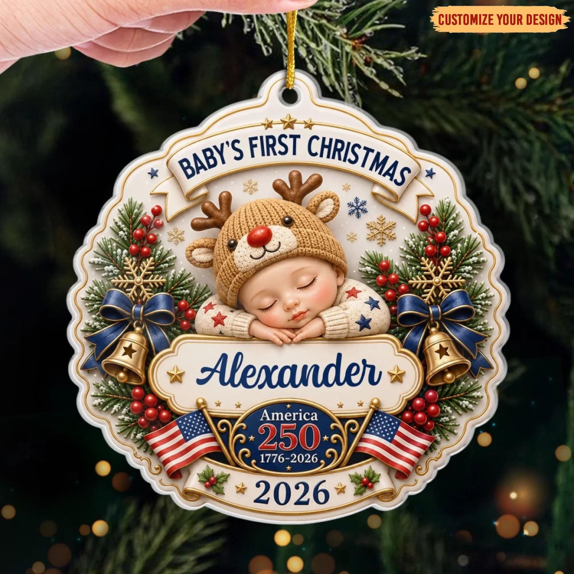 Personalized Baby First Christmas Ornament, Patriotic Newborn Keepsake 3 - MeasureMason Personalized Baby First Christmas Ornament, Patriotic Newborn Keepsake 3