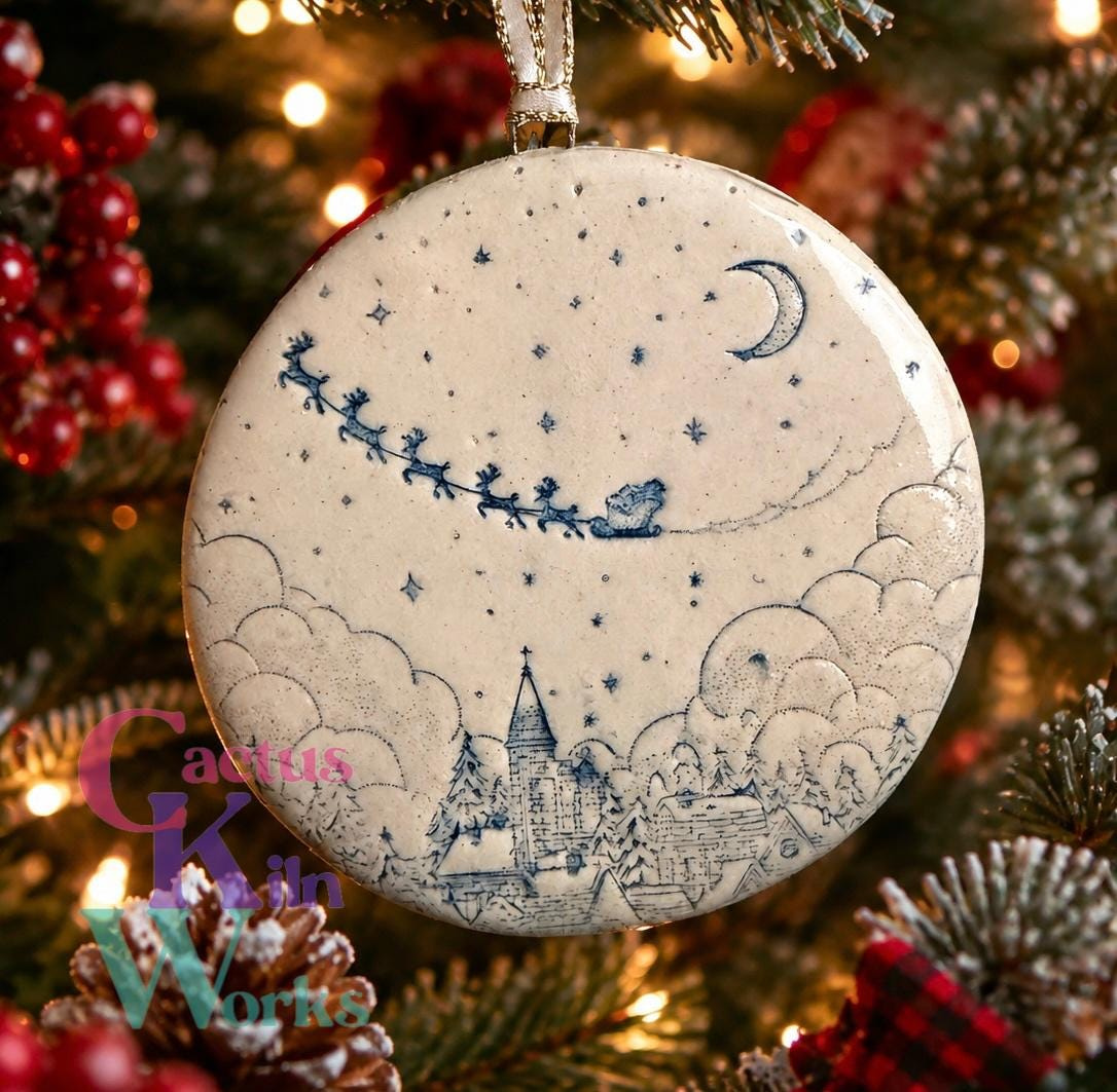 Handmade Ceramic Christmas Ornament, Sleigh Ride Round Disc Holiday Decoration Handmade Ceramic Christmas Ornament, Sleigh Ride Round Disc Holiday Decoration