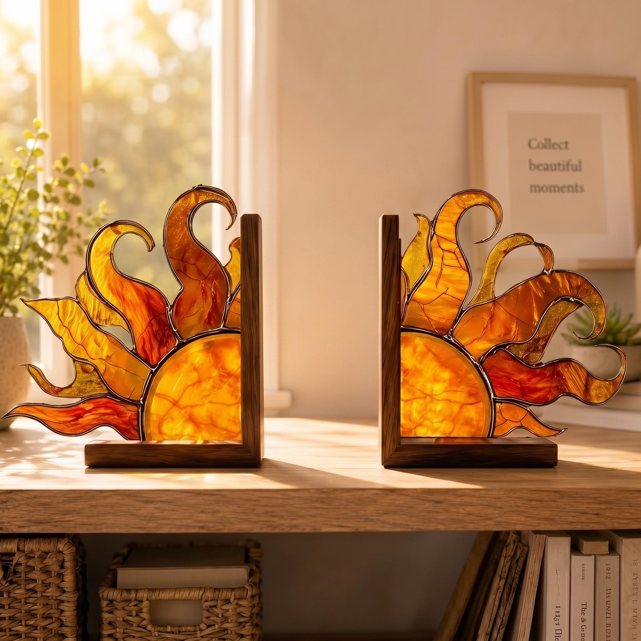 Acrylic Suncatcher Bookends, Celestial Boho Reading Decor, Faux Stained Glass Sunburst 4 - MeasureMason Acrylic Suncatcher Bookends, Celestial Boho Reading Decor, Faux Stained Glass Sunburst 4
