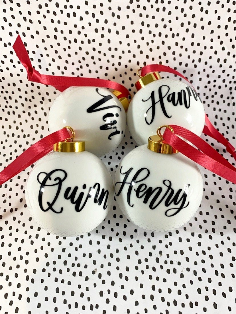 Personalized Calligraphy Ornament, White and Gold Glass Christmas Keepsake