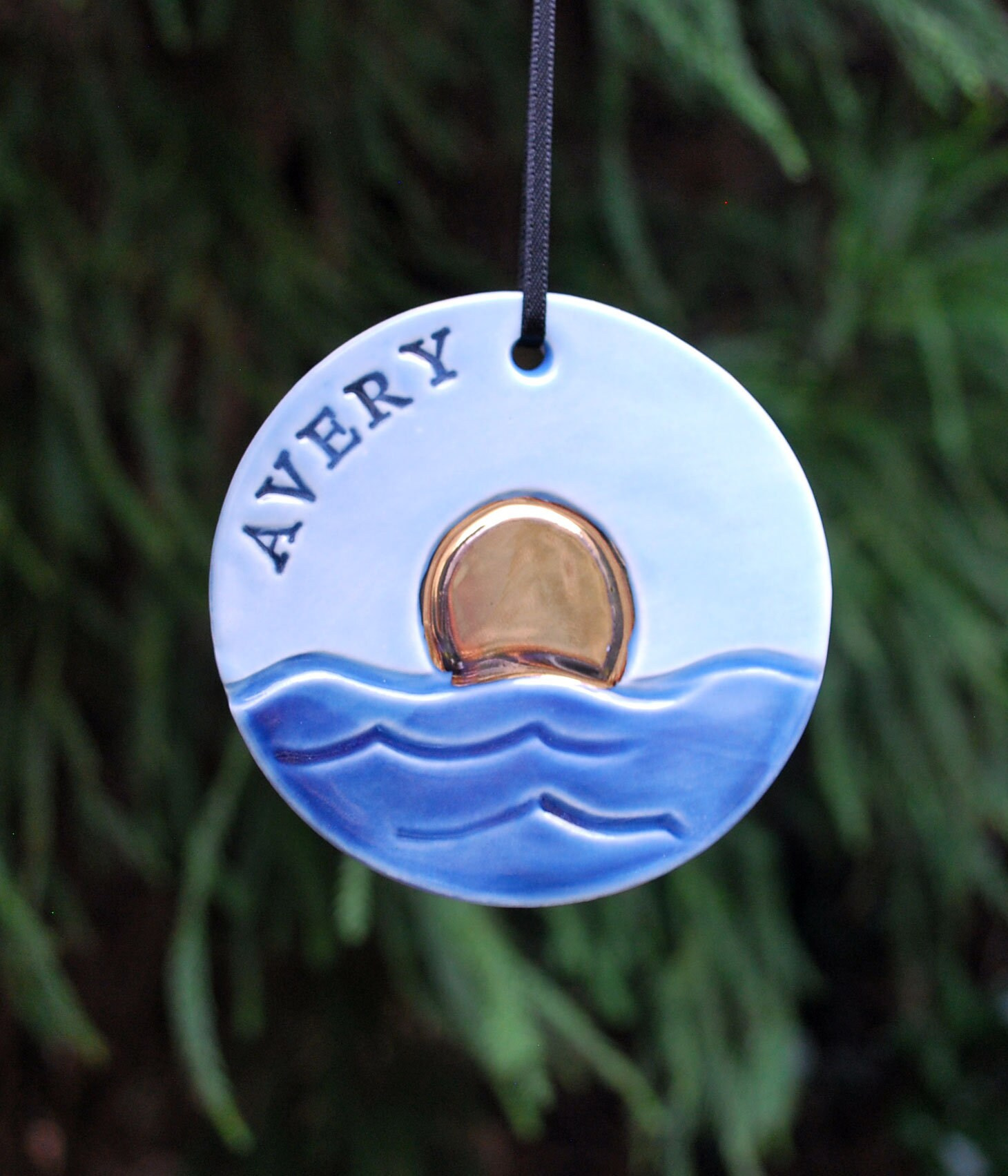 Personalized Ocean Sun Ornament, Handmade Ceramic Family Keepsake