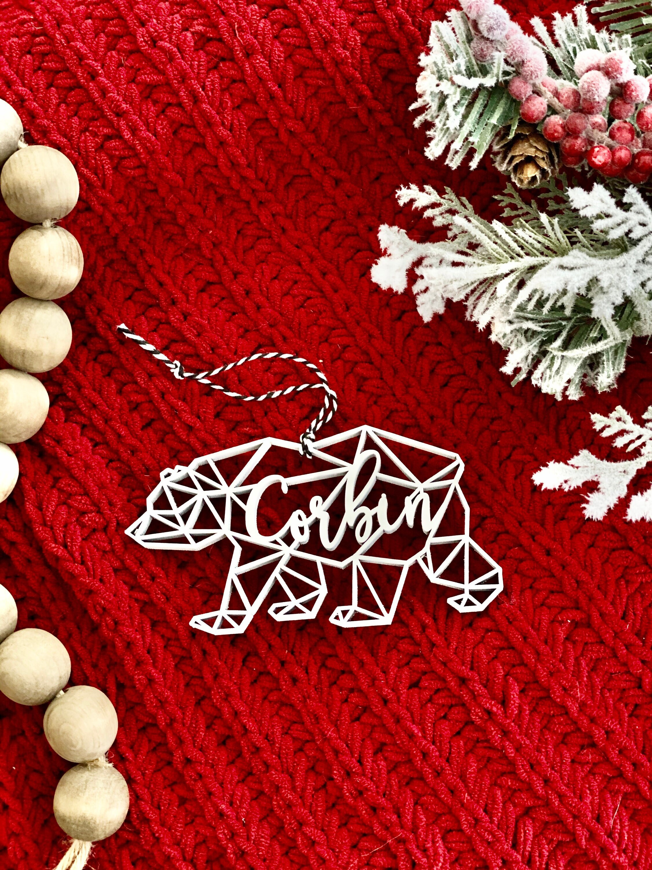 Personalized Bear Ornament for Christmas, Custom Geometric Animal Ornament