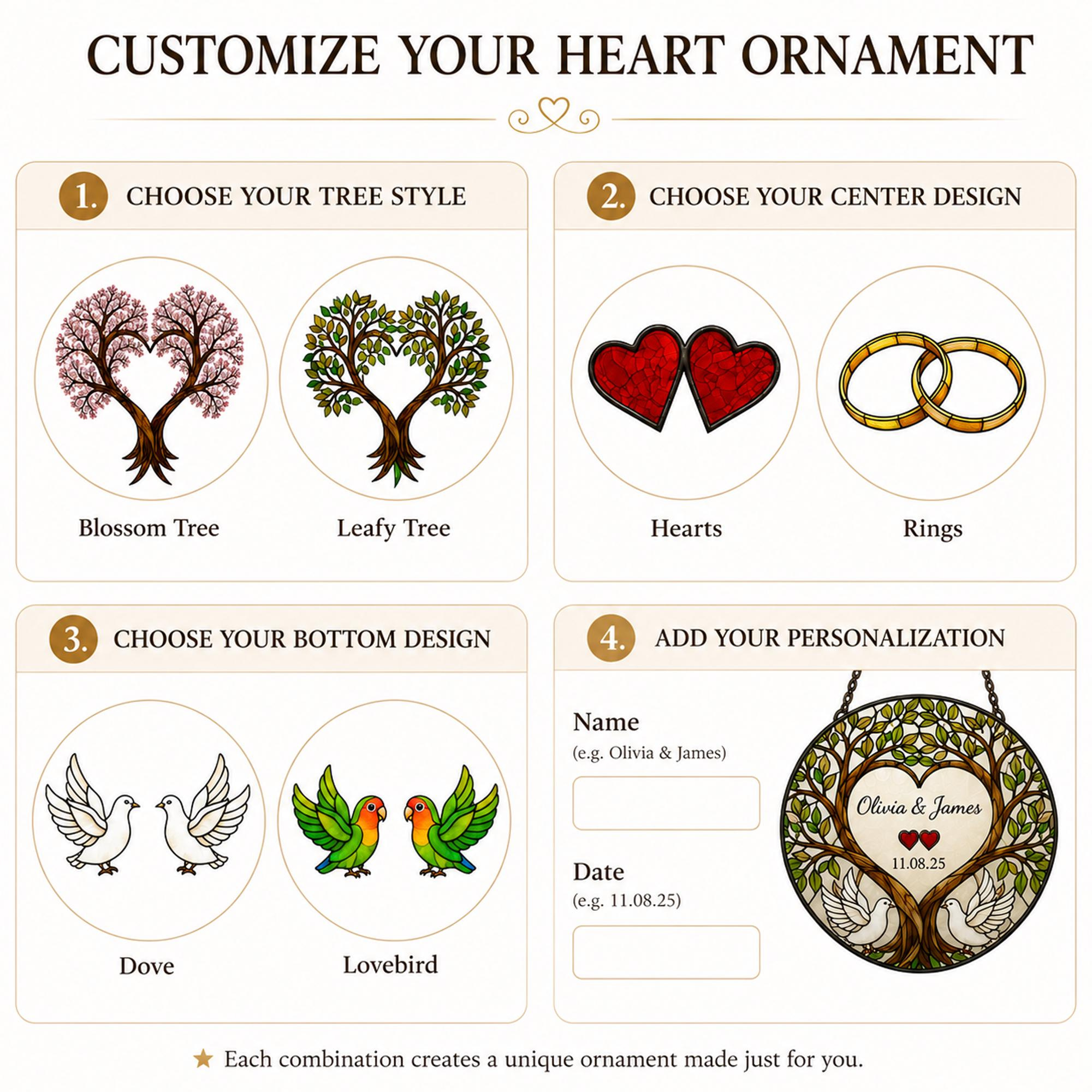 Personalized Wedding Suncatcher, Tree Heart Love Birds Couple Anniversary Gift 2 - MeasureMason Personalized Wedding Suncatcher, Tree Heart Love Birds Couple Anniversary Gift 2