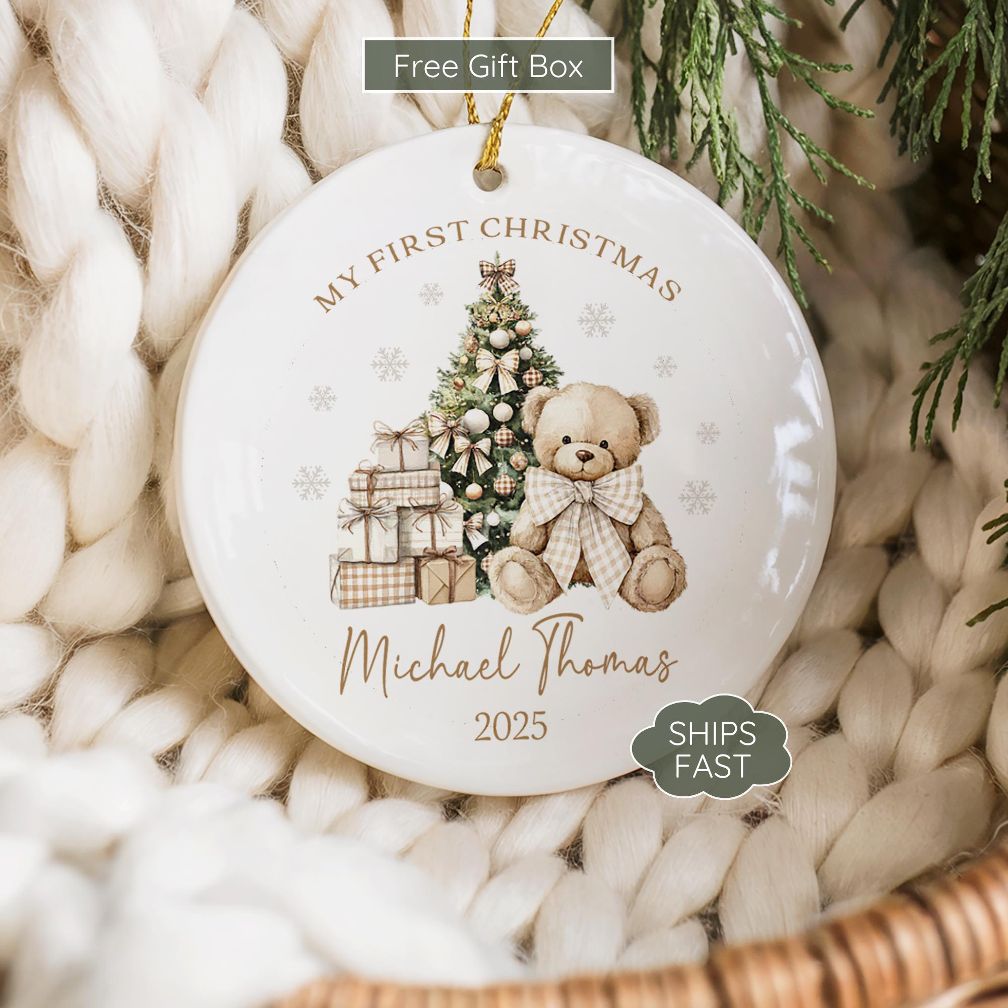 Baby Boy First Christmas Ornament 2026 – Personalized Teddy Bear Keepsake with Name, Newborn Gift