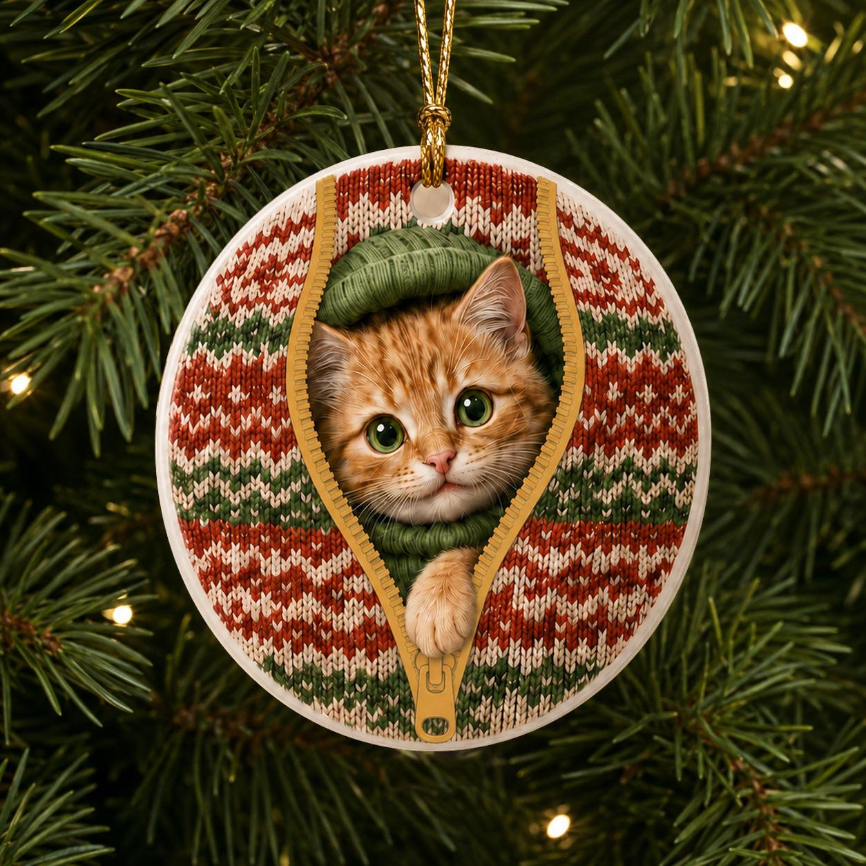 Personalized Ceramic Christmas Ornament - Ginger Cat in Festive Knit Sweater 1 - MeasureMason Personalized Ceramic Christmas Ornament - Ginger Cat in Festive Knit Sweater 1
