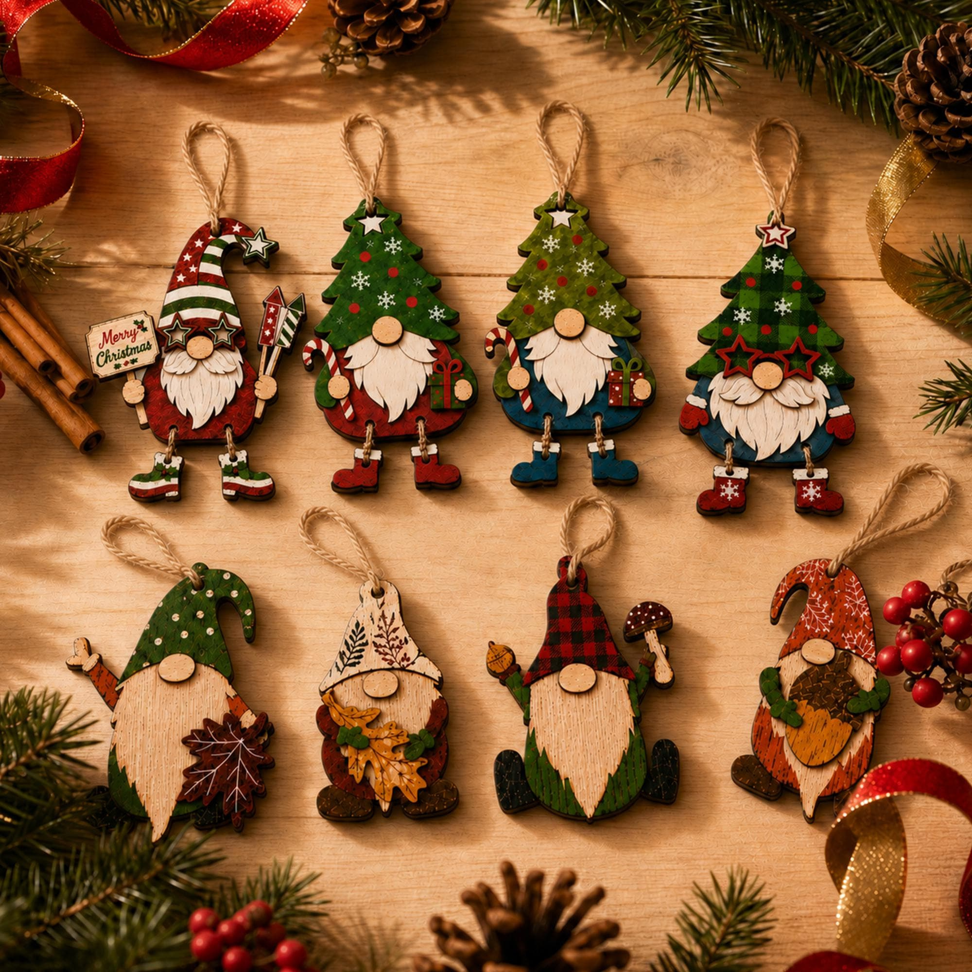8-Piece Wooden Christmas Gnome Ornaments Set - 3D Layered Farmhouse Holiday Tree Decorations with Hanging Rope 3 - MeasureMason 8-Piece Wooden Christmas Gnome Ornaments Set - 3D Layered Farmhouse Holiday Tree Decorations with Hanging Rope 3