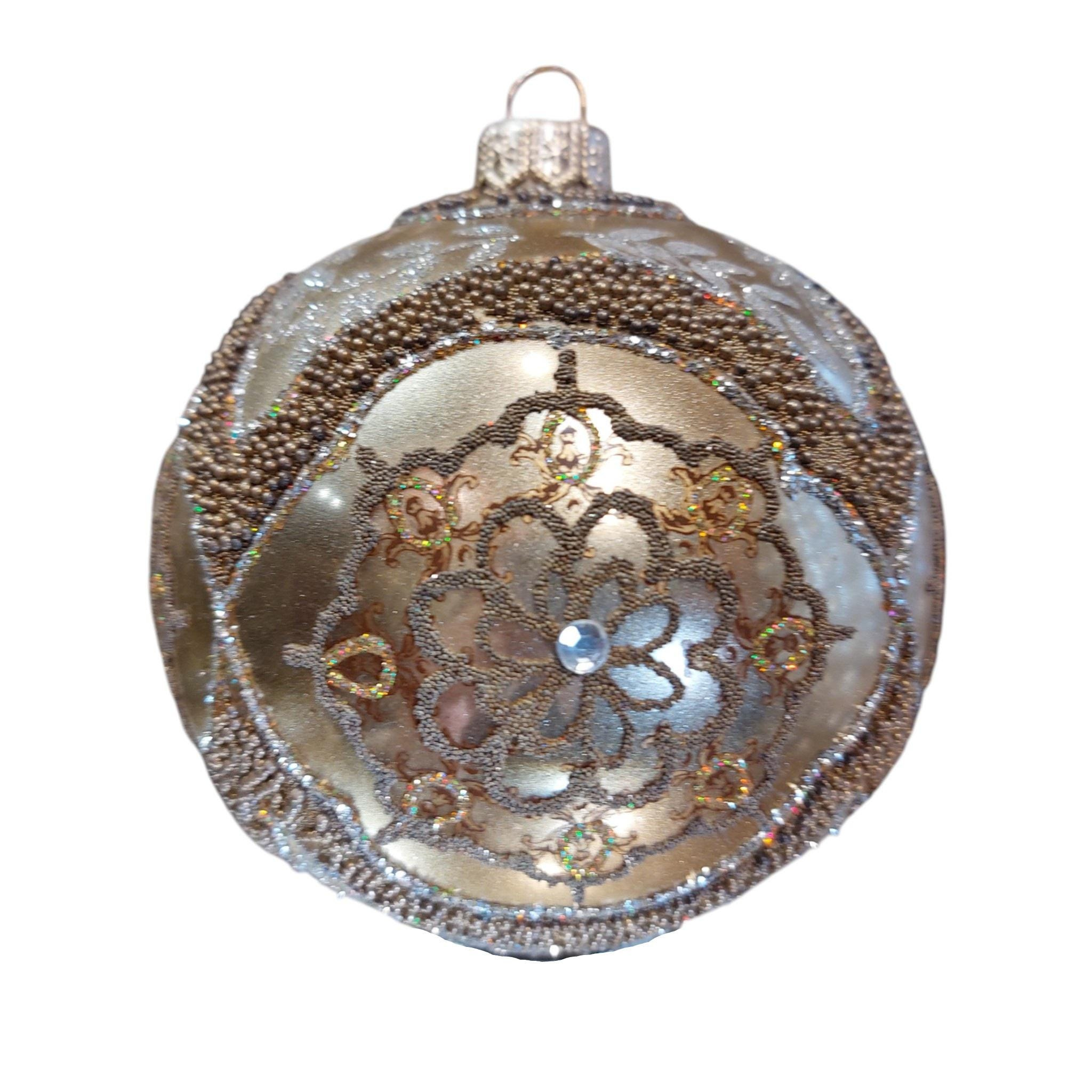 Glass Christmas Ornament, Hand-Decorated Vintage Gold Medallion Bauble Glass Christmas Ornament, Hand-Decorated Vintage Gold Medallion Bauble