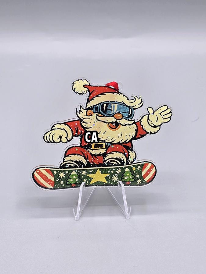 Retro Snowboarding Santa Christmas Ornament - Acrylic Holiday Tree Decoration with Hanging Ribbon Retro Snowboarding Santa Christmas Ornament - Acrylic Holiday Tree Decoration with Hanging Ribbon