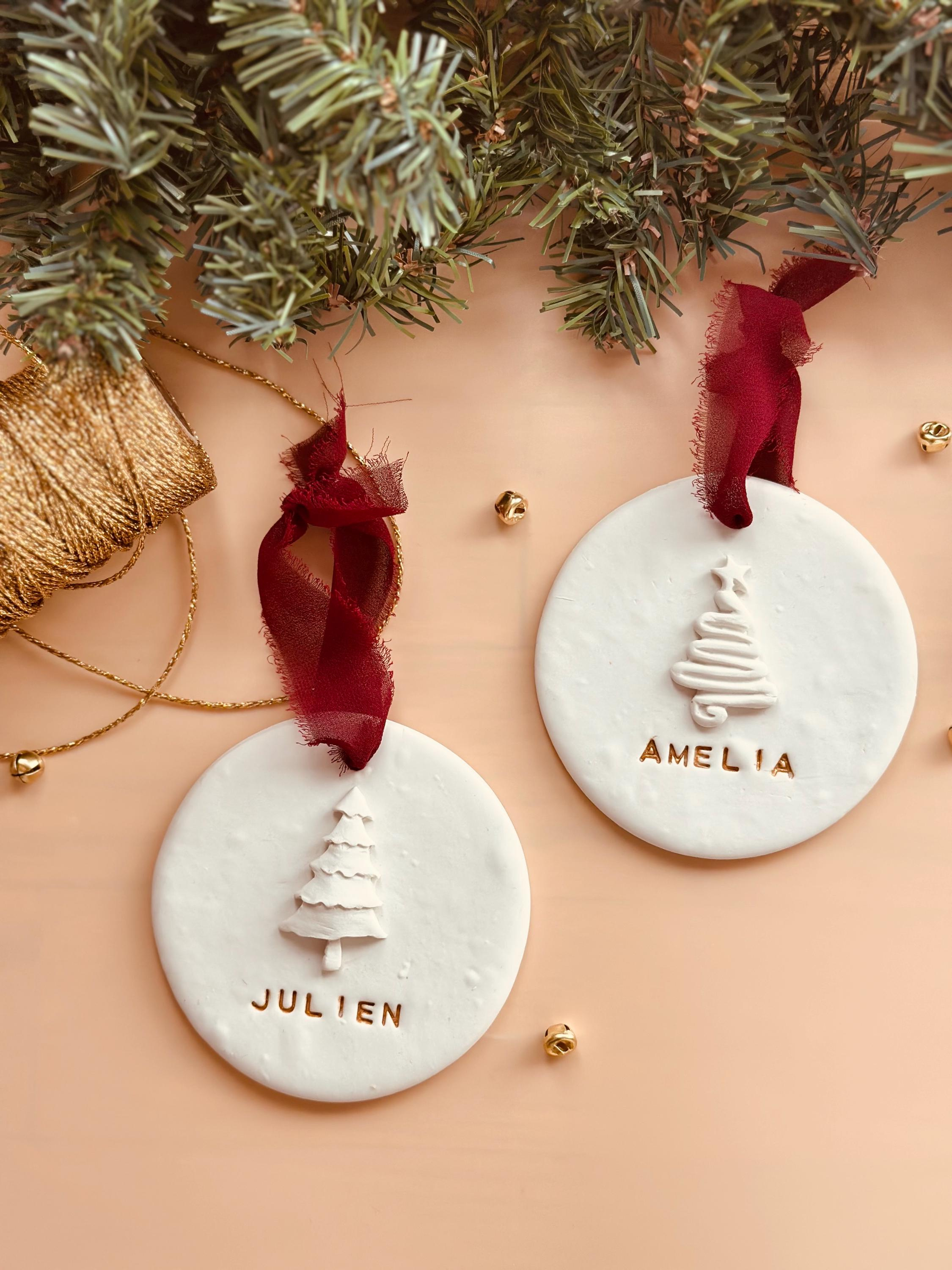 Personalized Clay Christmas Tree Ornament with Chiffon Ribbon 2 - MeasureMason Personalized Clay Christmas Tree Ornament with Chiffon Ribbon 2