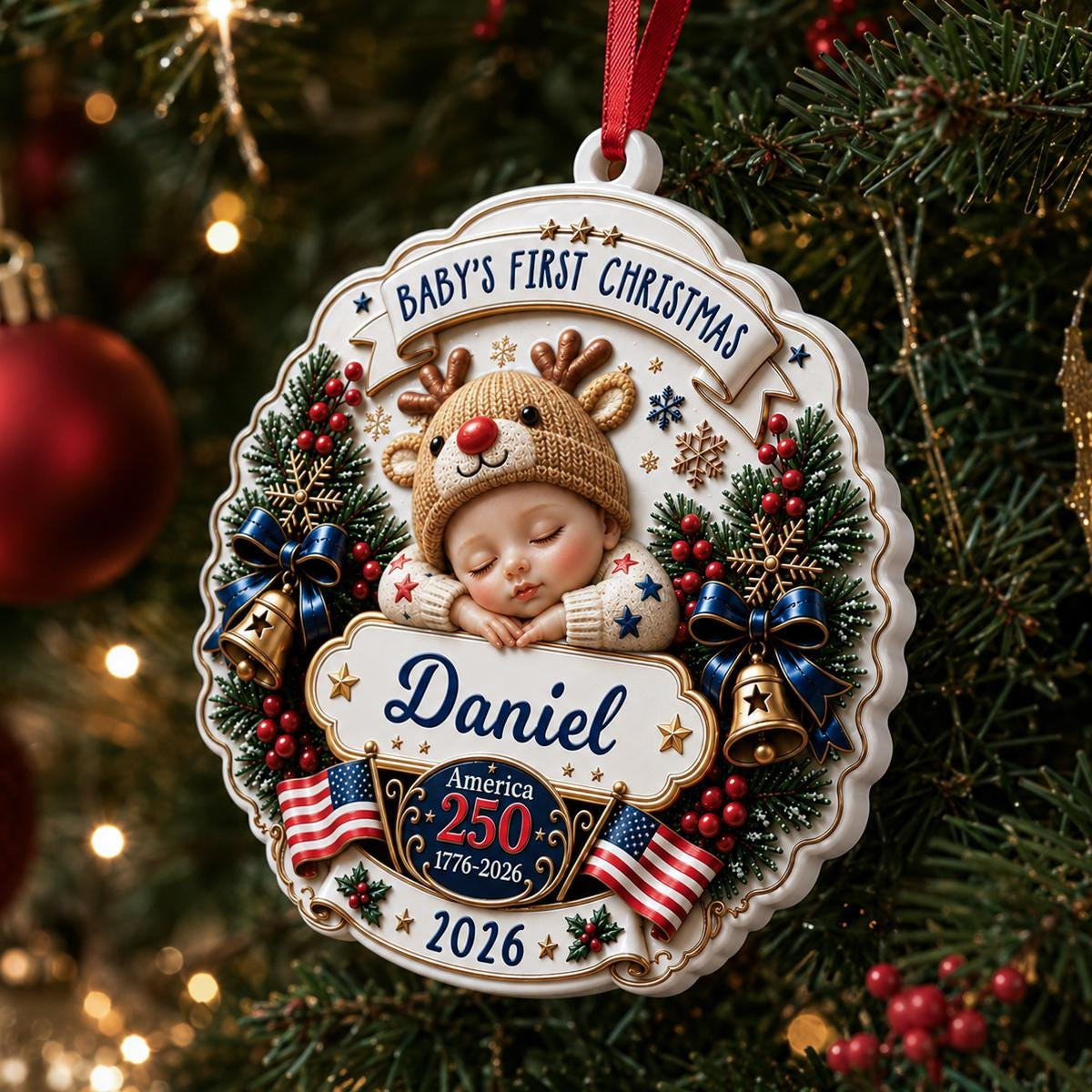 Personalized Babys First Christmas 2026 Ornament - 3D Relief White Acrylic America 250 Keepsake 2 - MeasureMason Personalized Babys First Christmas 2026 Ornament - 3D Relief White Acrylic America 250 Keepsake 2