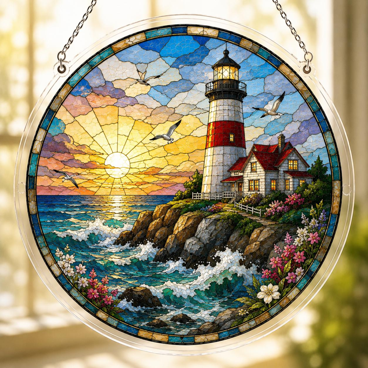 Coastal Lighthouse Acrylic Puzzle Suncatcher, DIY Ocean Sunset Window Decor, Home & Garden Decor