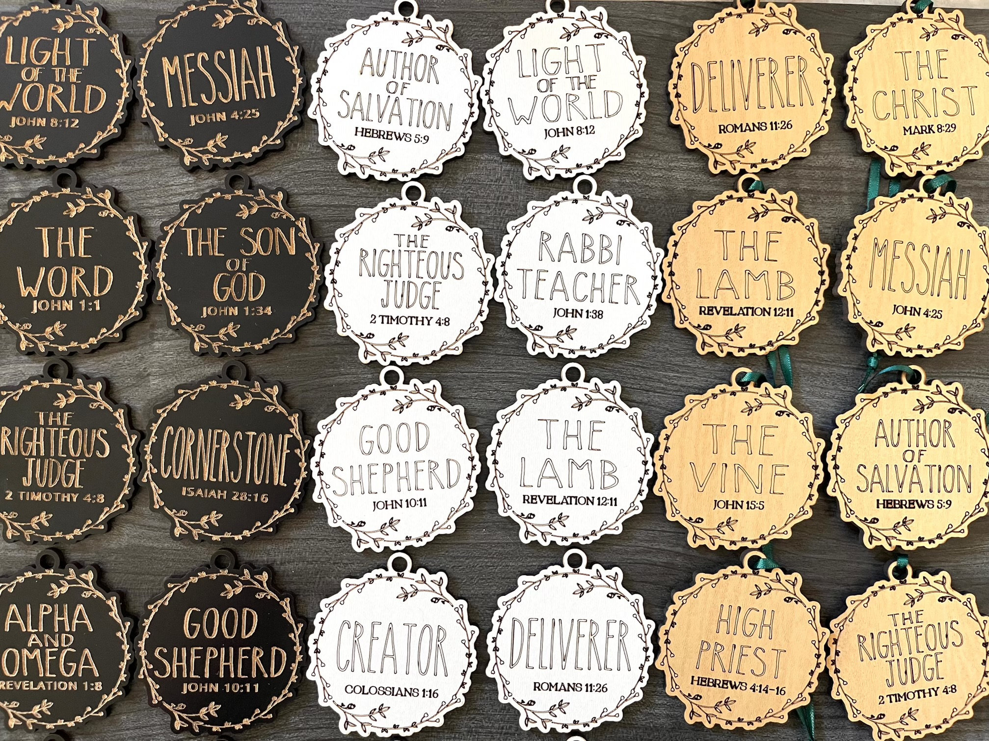 28 Names of Jesus Christmas Ornaments - Laser-Cut Wood Advent Set with Scripture References 28 Names of Jesus Christmas Ornaments - Laser-Cut Wood Advent Set with Scripture References