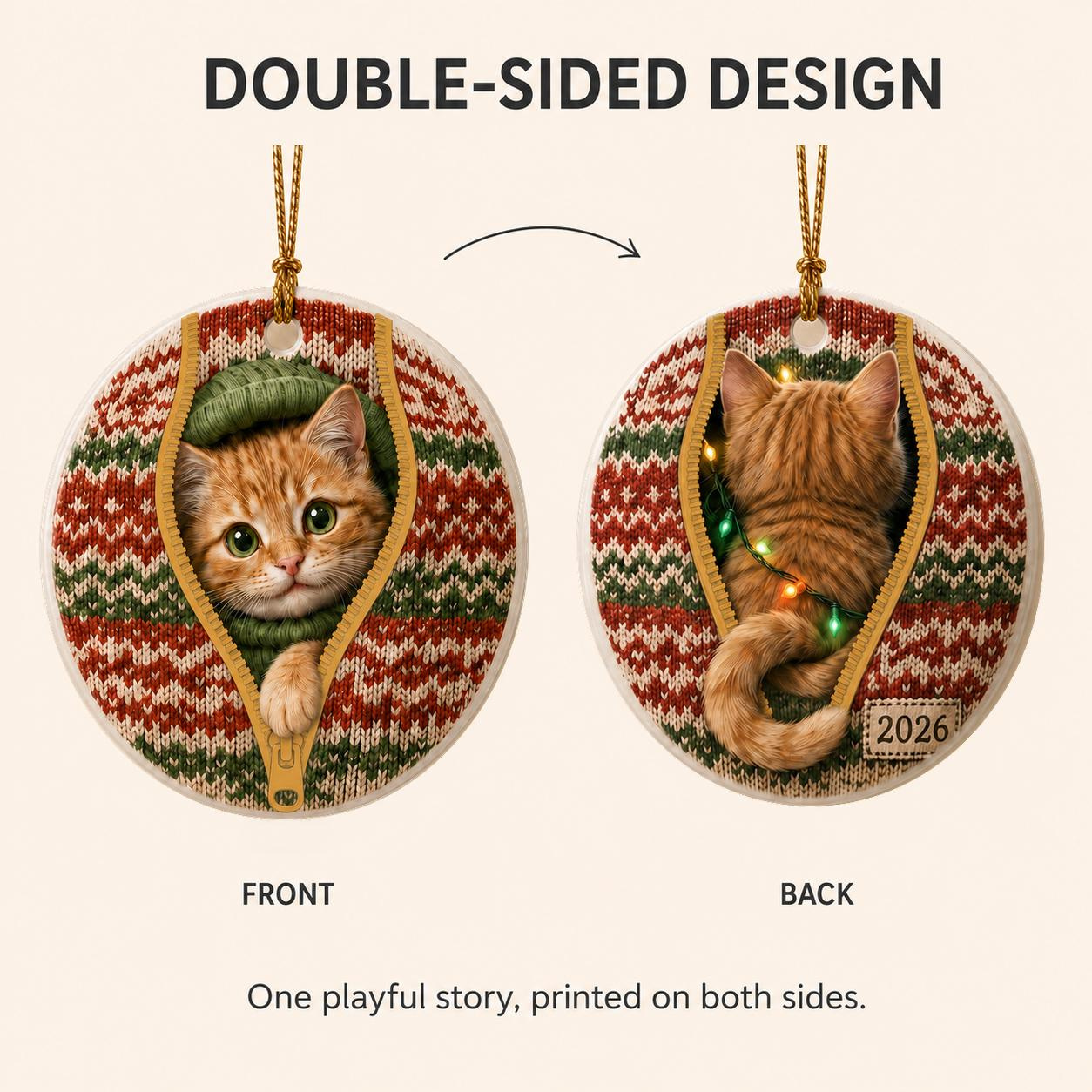 Personalized Ceramic Christmas Ornament - Ginger Cat in Festive Knit Sweater 4 - MeasureMason Personalized Ceramic Christmas Ornament - Ginger Cat in Festive Knit Sweater 4