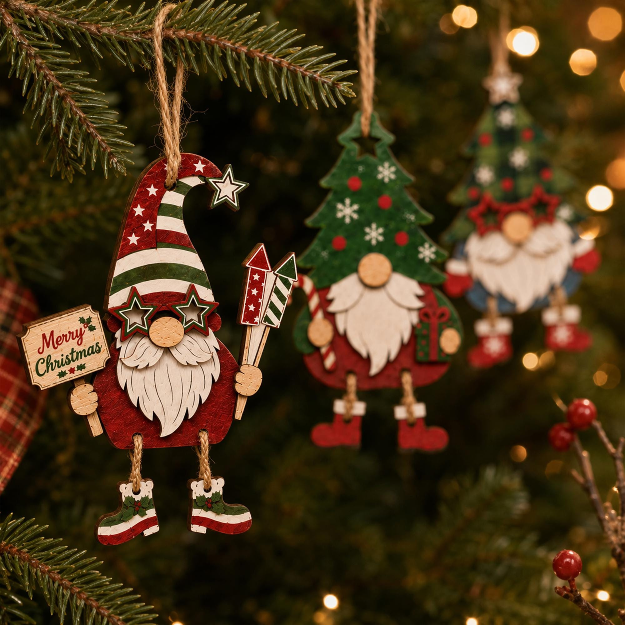 8-Piece Wooden Christmas Gnome Ornaments Set - 3D Layered Farmhouse Holiday Tree Decorations with Hanging Rope 2 - MeasureMason 8-Piece Wooden Christmas Gnome Ornaments Set - 3D Layered Farmhouse Holiday Tree Decorations with Hanging Rope 2