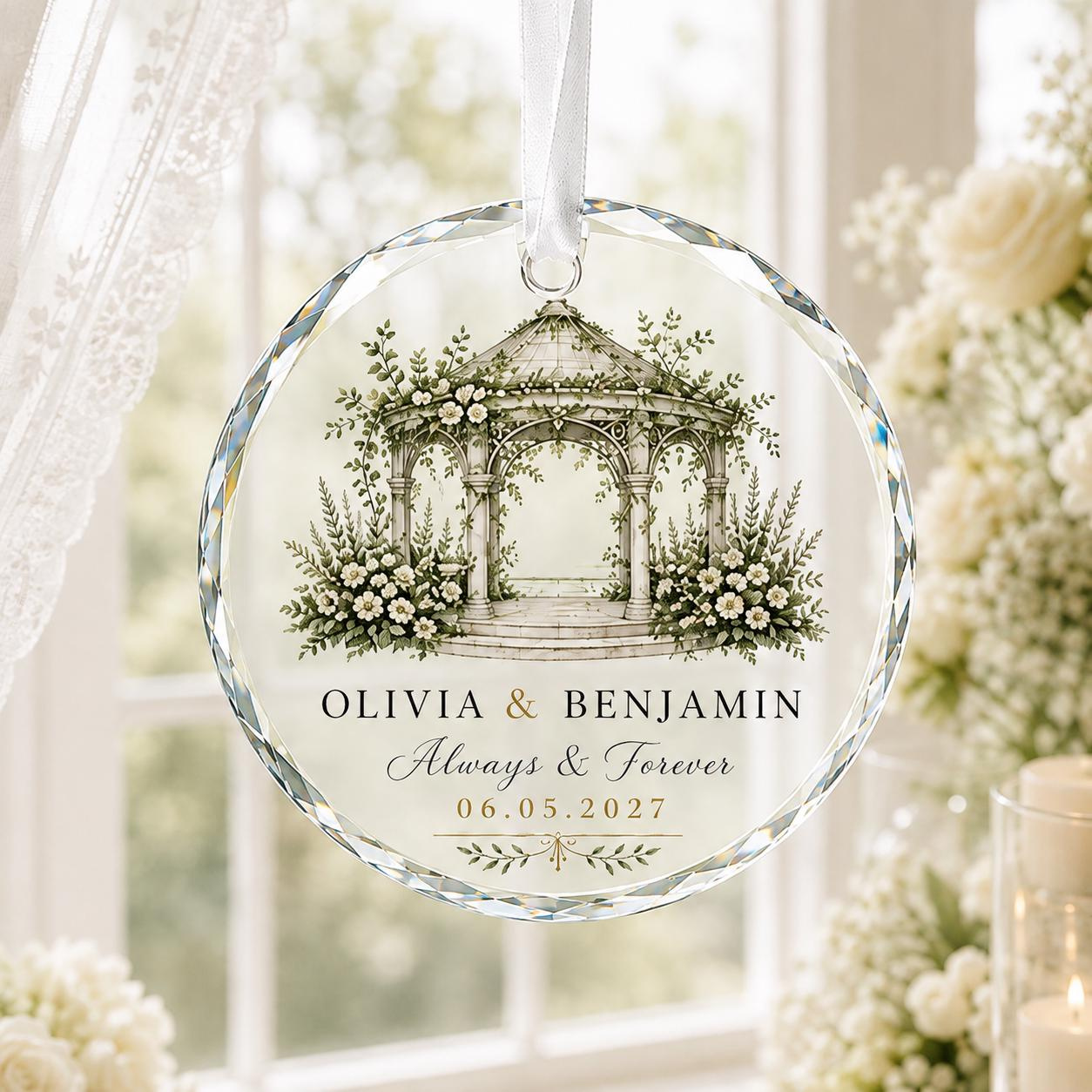 Personalized Wedding Glass Ornament - Custom Couple Names & Date Floral Arch Engagement Anniversary Keepsake Gift 2 - MeasureMason Personalized Wedding Glass Ornament - Custom Couple Names & Date Floral Arch Engagement Anniversary Keepsake Gift 2