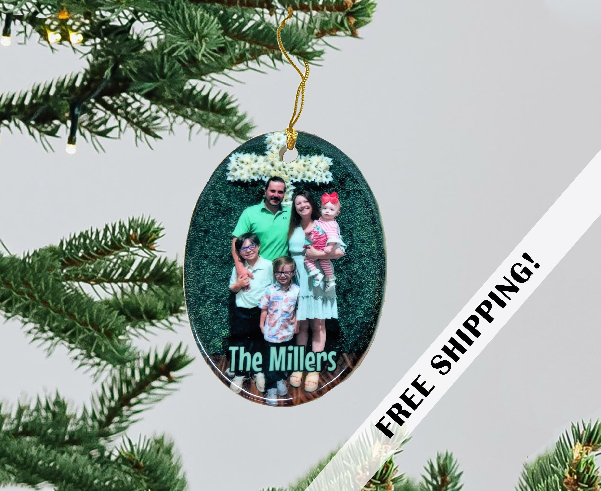 Custom Photo Ceramic Ornament - Personalized Family Keepsake with Gold Hanging String Custom Photo Ceramic Ornament - Personalized Family Keepsake with Gold Hanging String