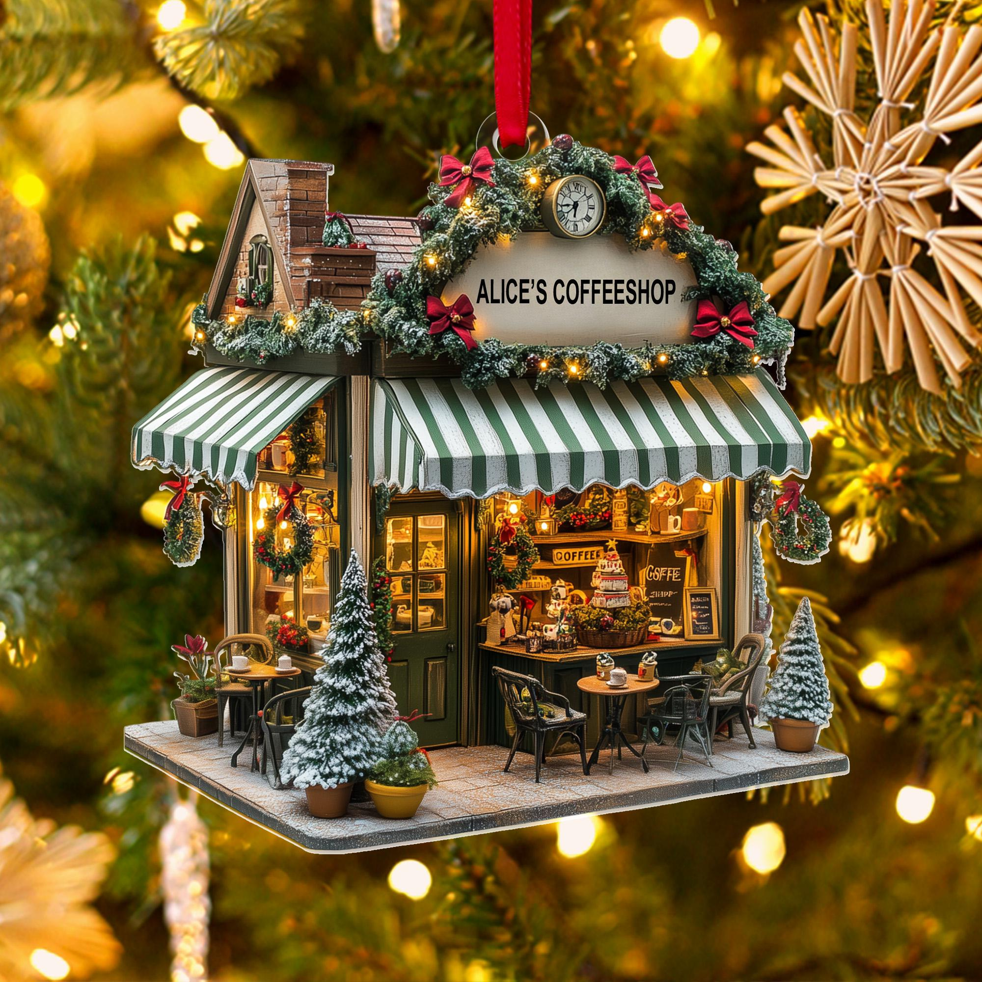 Personalized Coffee Shop Ornament 2D Flat Acrylic Christmas Tree Decor, Coffee Lover Gift, Custom Cafe Holiday Ornament