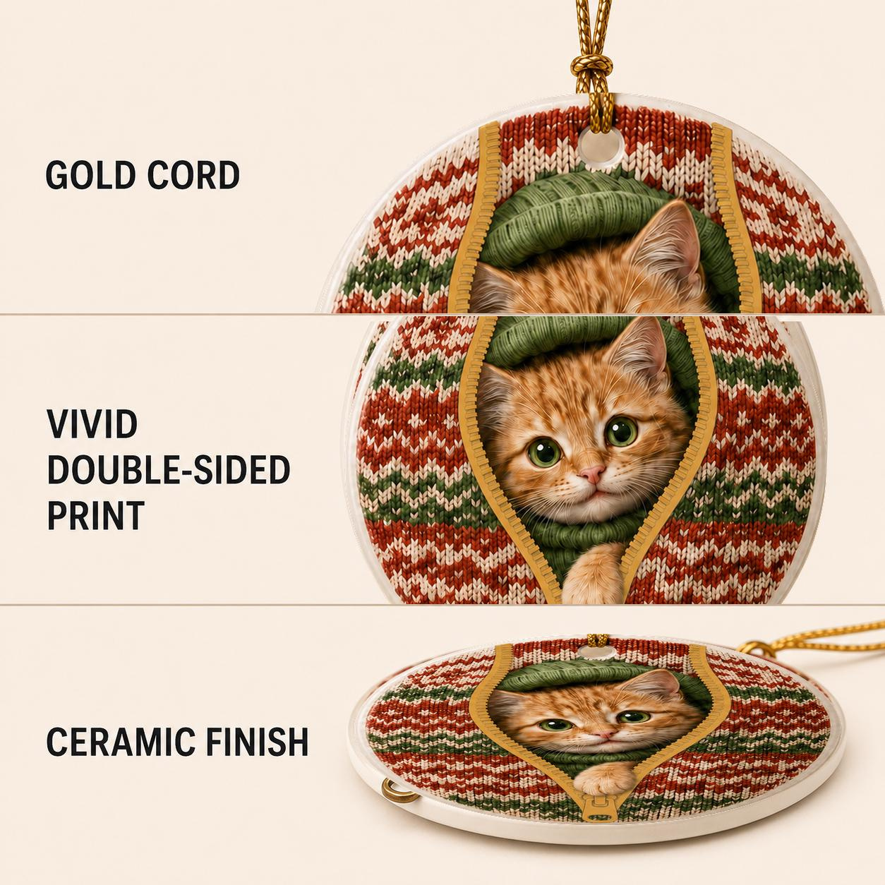 Personalized Ceramic Christmas Ornament - Ginger Cat in Festive Knit Sweater 2 - MeasureMason Personalized Ceramic Christmas Ornament - Ginger Cat in Festive Knit Sweater 2