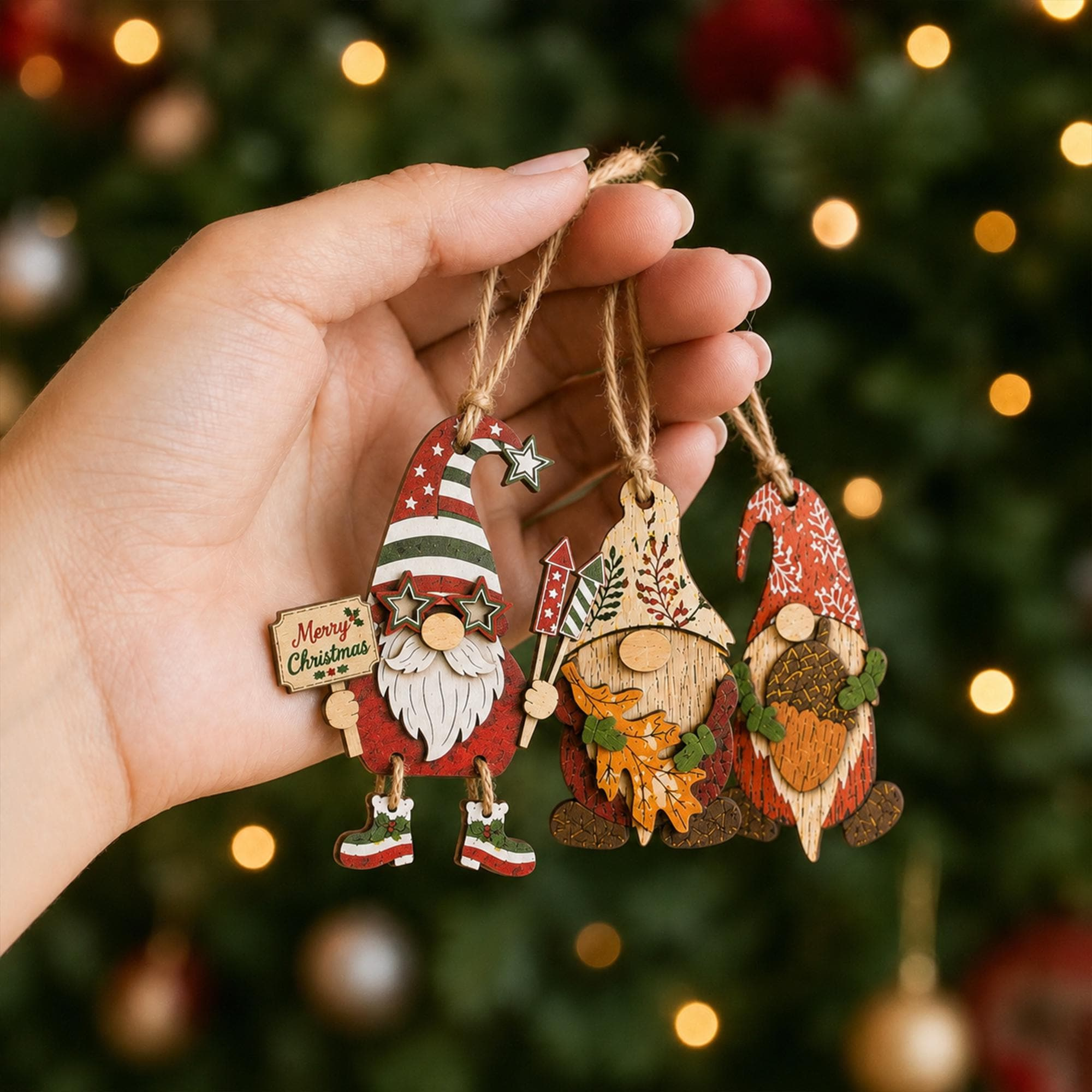 8-Piece Wooden Christmas Gnome Ornaments Set - 3D Layered Farmhouse Holiday Tree Decorations with Hanging Rope 4 - MeasureMason 8-Piece Wooden Christmas Gnome Ornaments Set - 3D Layered Farmhouse Holiday Tree Decorations with Hanging Rope 4