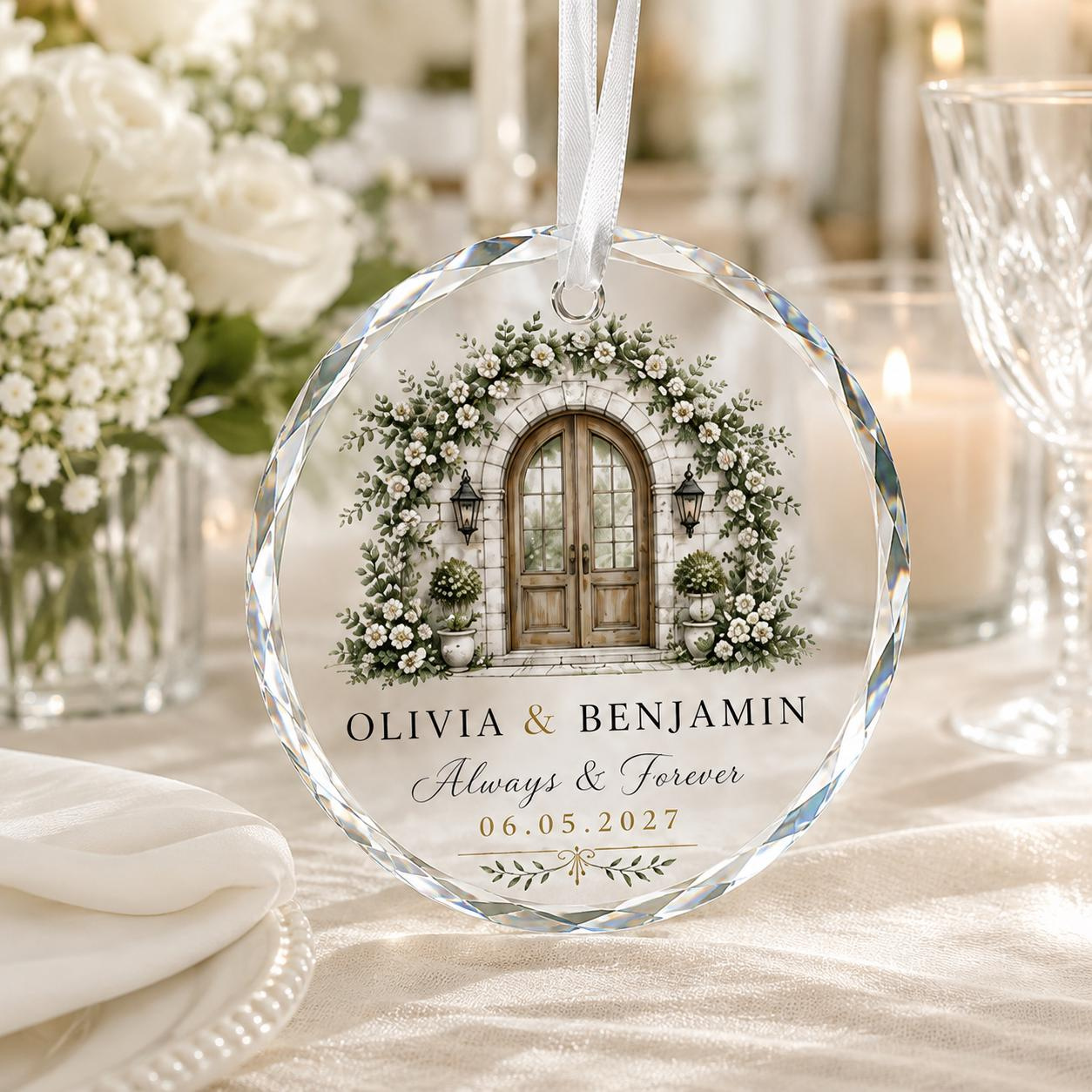 Personalized Wedding Glass Ornament - Custom Couple Names & Date Floral Arch Engagement Anniversary Keepsake Gift 1 - MeasureMason Personalized Wedding Glass Ornament - Custom Couple Names & Date Floral Arch Engagement Anniversary Keepsake Gift 1