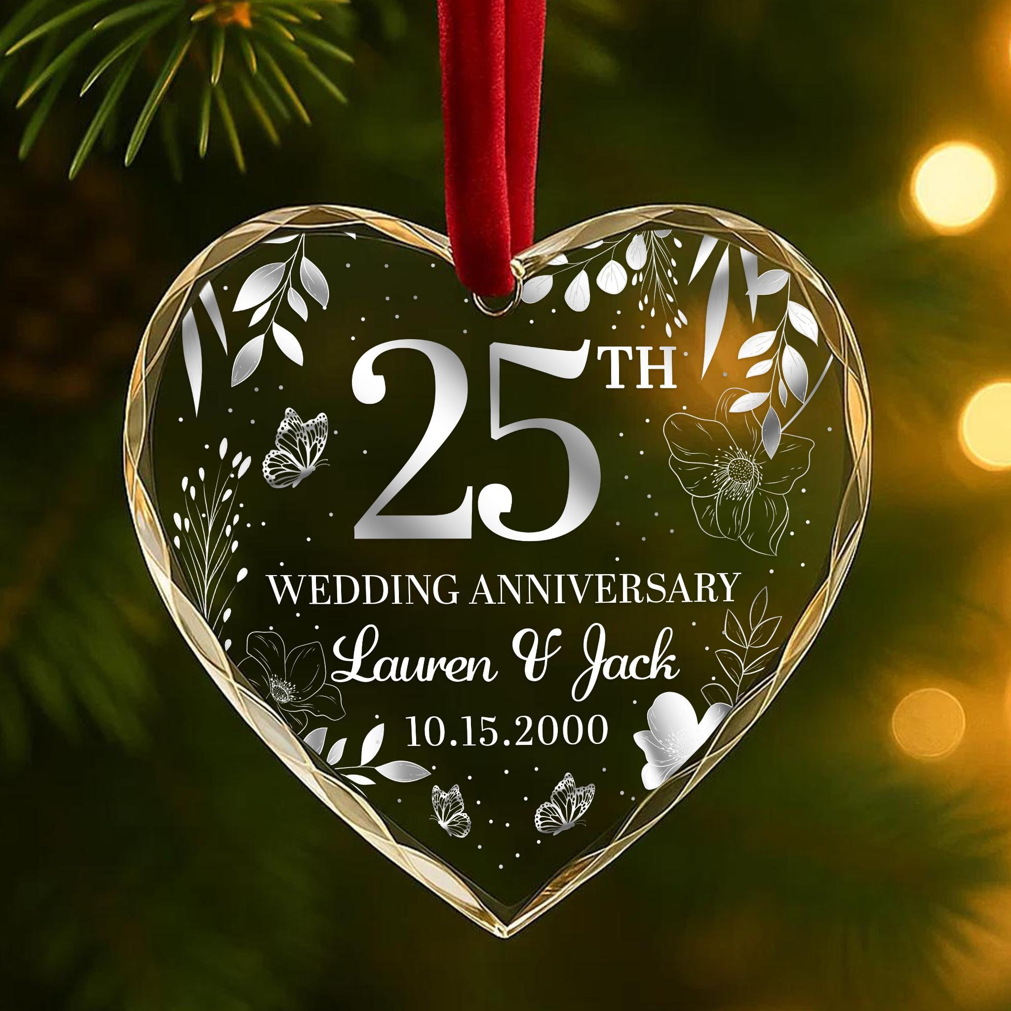 25th Wedding Anniversary Ornament – Personalized Glass Keepsake with Couples Names & Date 1