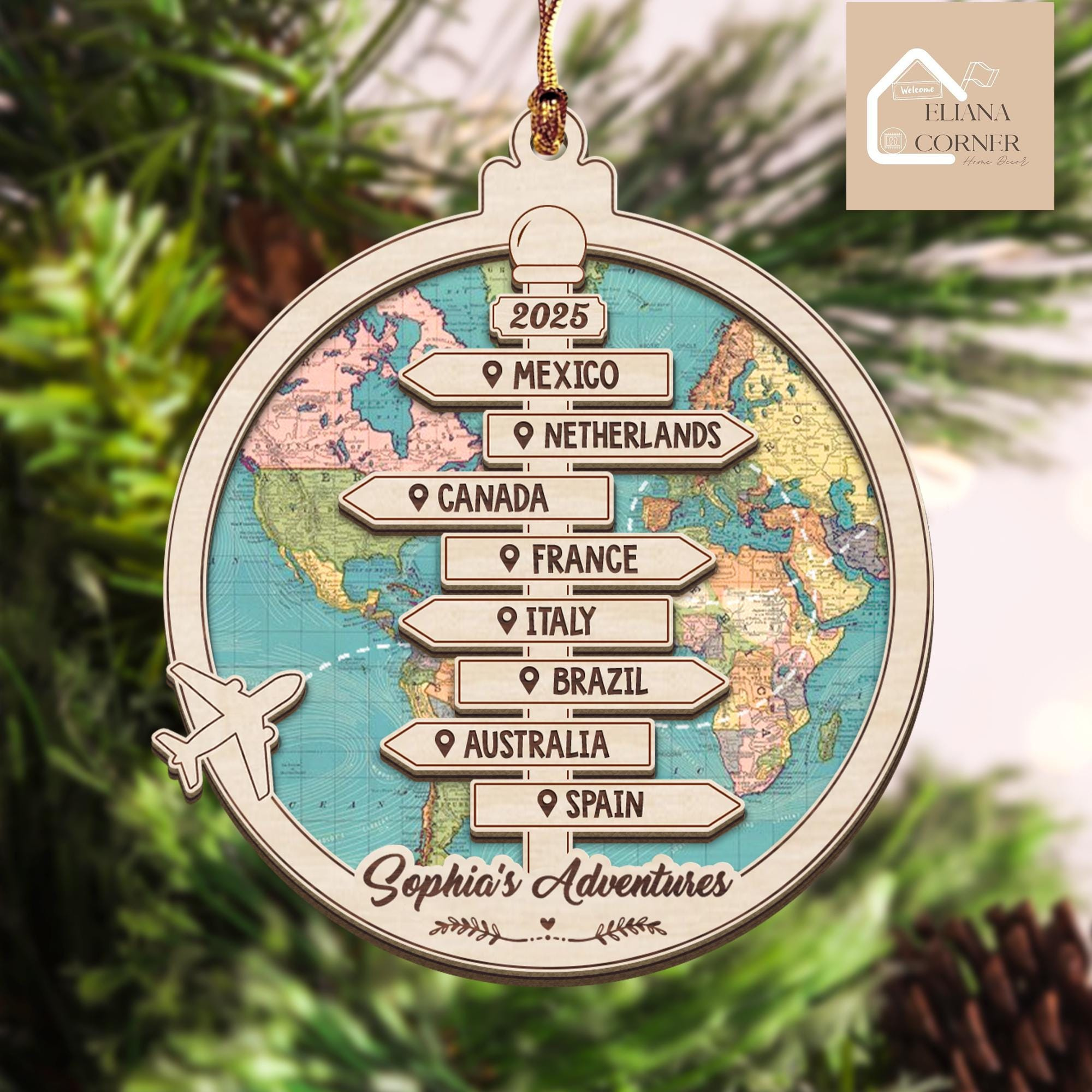 Personalized Travel Ornament, Custom Wooden Christmas Ornament with Destinations, Couple Travel Gift, Adventure Keepsake Personalized Travel Ornament, Custom Wooden Christmas Ornament with Destinations, Couple Travel Gift, Adventure Keepsake