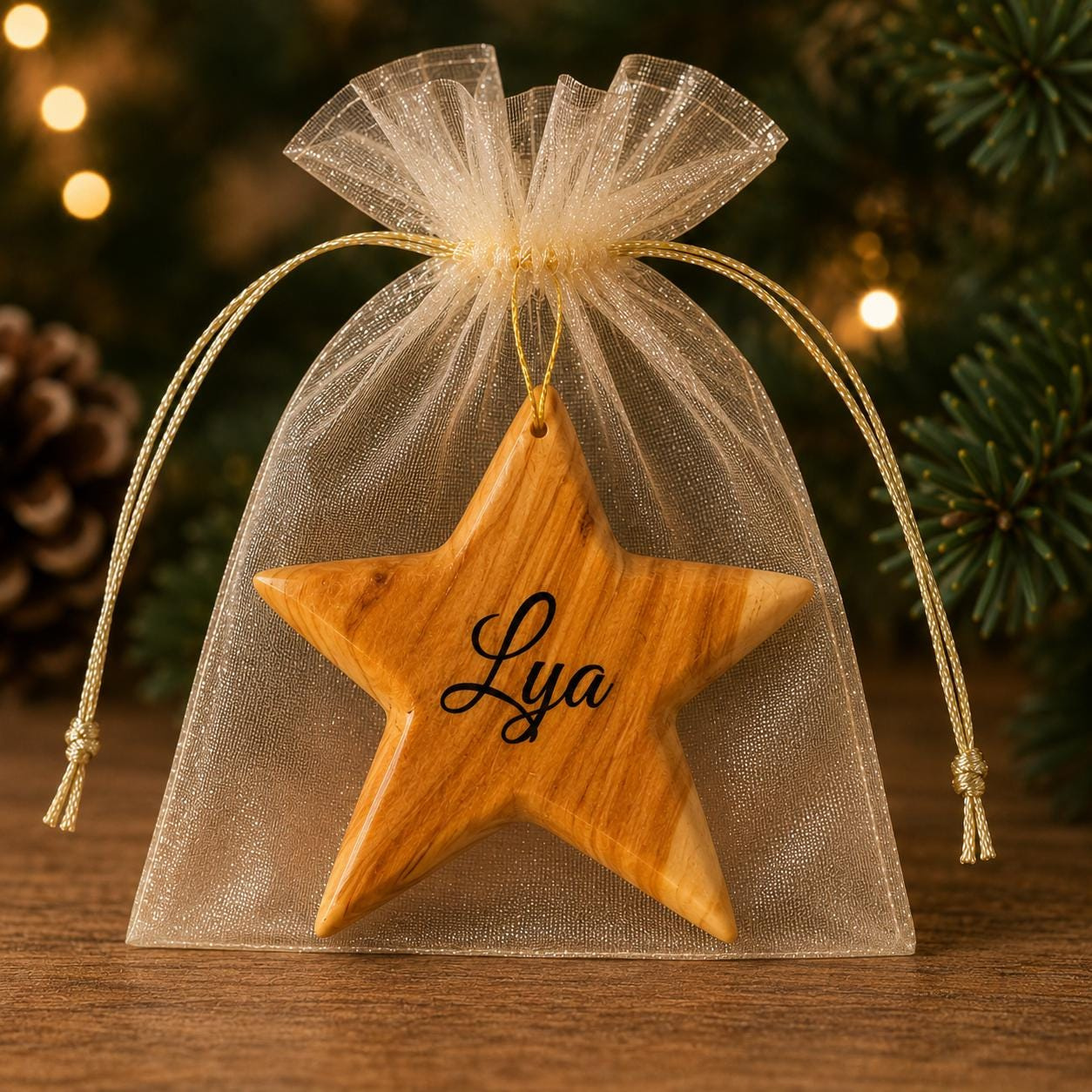 Personalized Baby Star Ornament - Hand Carved Olive Wood 1st Christmas Keepsake, Holy Land Baptism Favor in Gift Bag