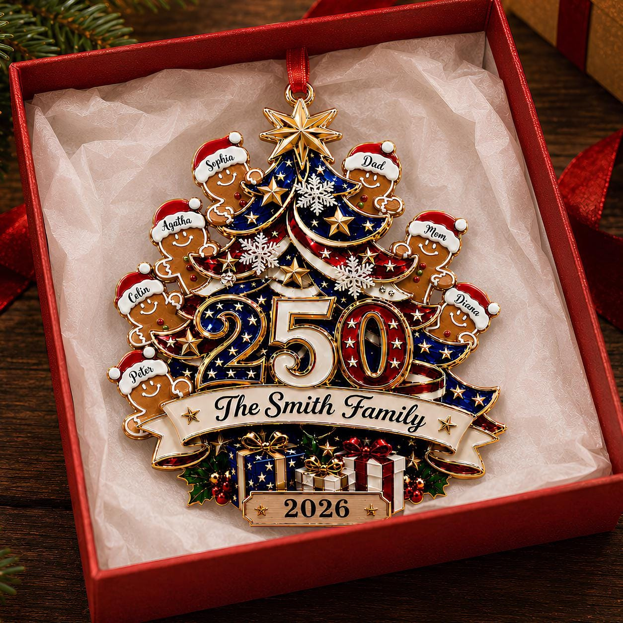 Custom 250th Anniversary Gingerbread Family Patriotic Acrylic Ornament 1776-2026 3 - MeasureMason Custom 250th Anniversary Gingerbread Family Patriotic Acrylic Ornament 1776-2026 3