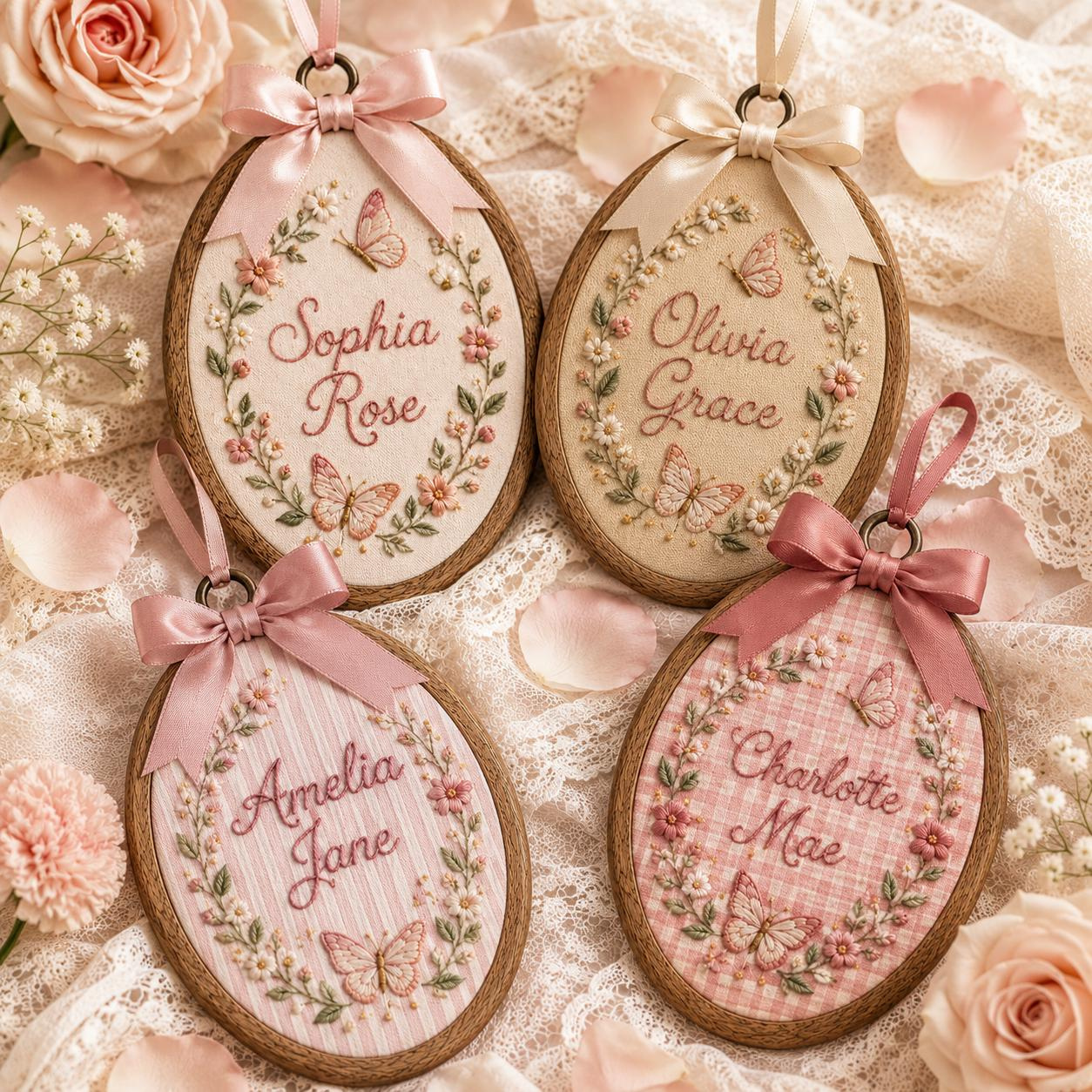 Custom Embroidered Name Hoop Ornament - Floral Butterfly Nursery Decor, Personalized Baby Girl Gift, Oval Wood Frame