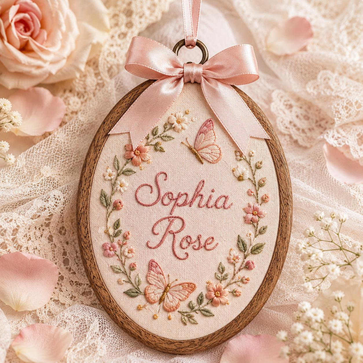 Custom Embroidered Name Hoop Ornament - Floral Butterfly Nursery Decor, Personalized Baby Girl Gift, Oval Wood Frame 1 - MeasureMason Custom Embroidered Name Hoop Ornament - Floral Butterfly Nursery Decor, Personalized Baby Girl Gift, Oval Wood Frame 1