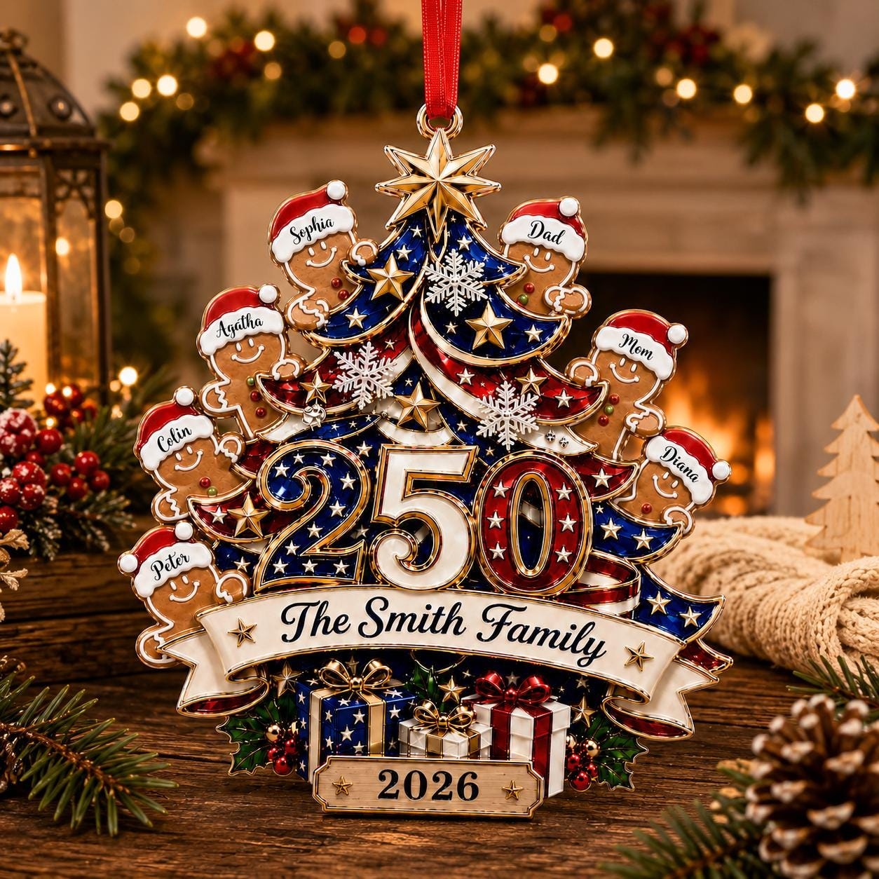 Custom 250th Anniversary Gingerbread Family Patriotic Acrylic Ornament 1776-2026 1 - MeasureMason Custom 250th Anniversary Gingerbread Family Patriotic Acrylic Ornament 1776-2026 1