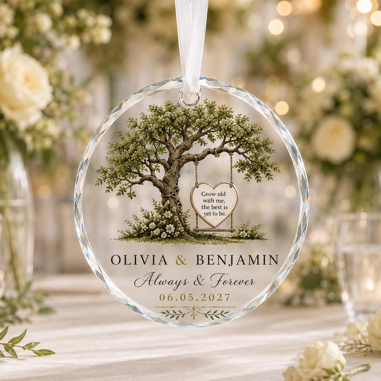 Personalized Wedding Glass Ornament - Custom Couple Names & Date Floral Arch Engagement Anniversary Keepsake Gift