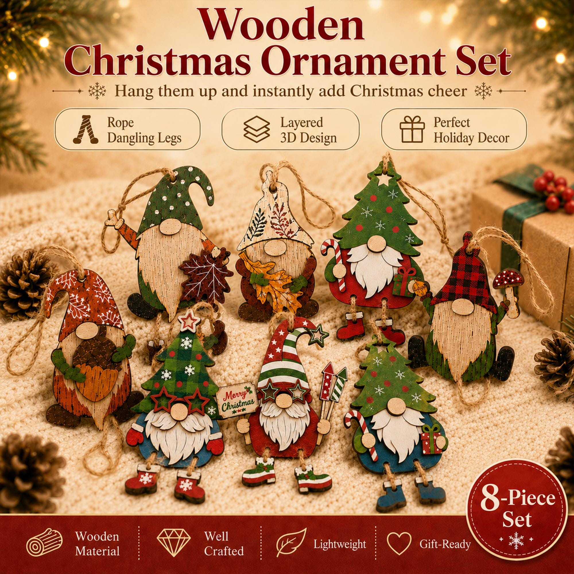 8-Piece Wooden Christmas Gnome Ornaments Set - 3D Layered Farmhouse Holiday Tree Decorations with Hanging Rope 1