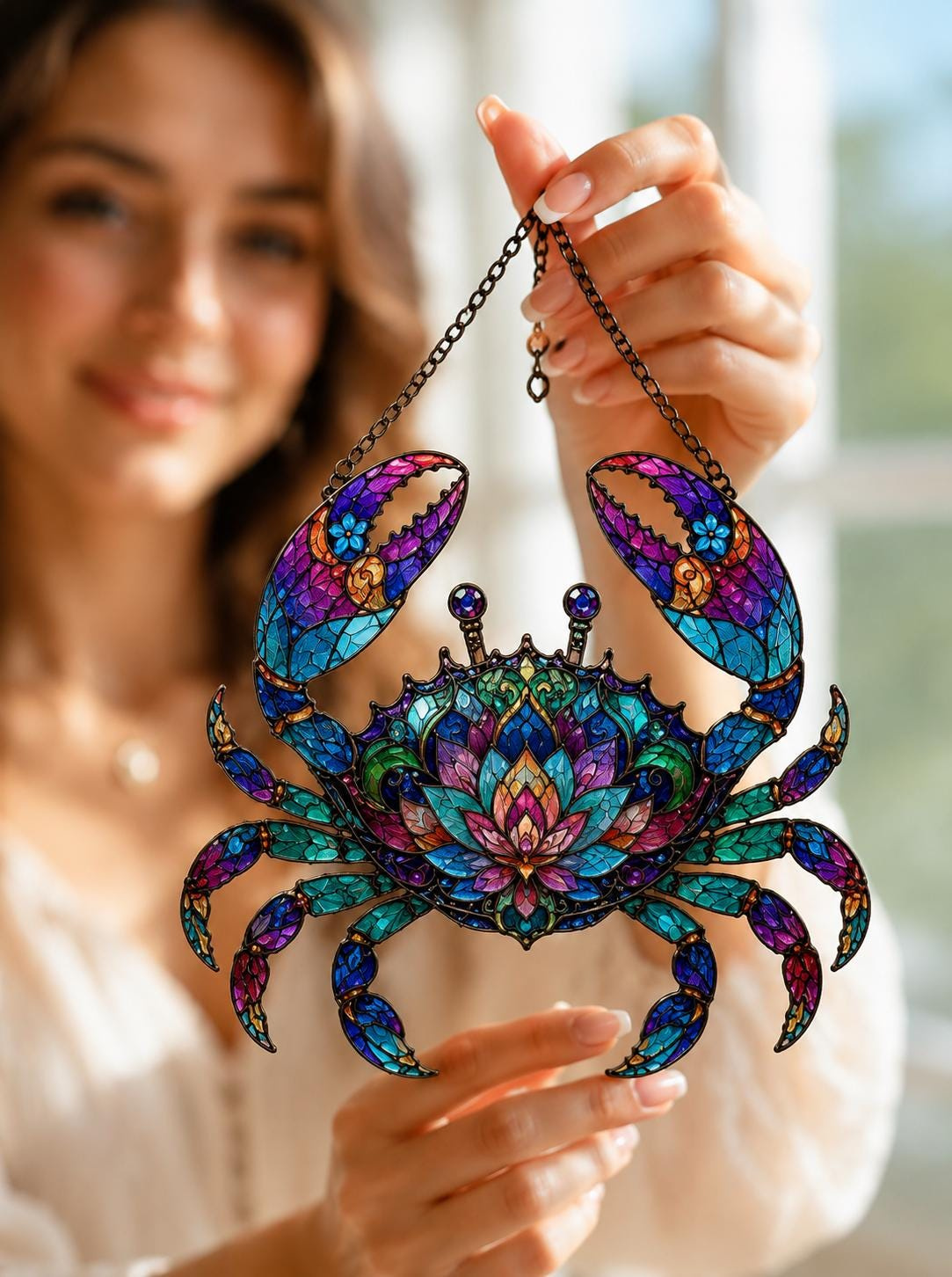 Handmade Crab Stained Glass Suncatcher - Coastal Beach Window Décor 3 - MeasureMason Handmade Crab Stained Glass Suncatcher - Coastal Beach Window Décor 3