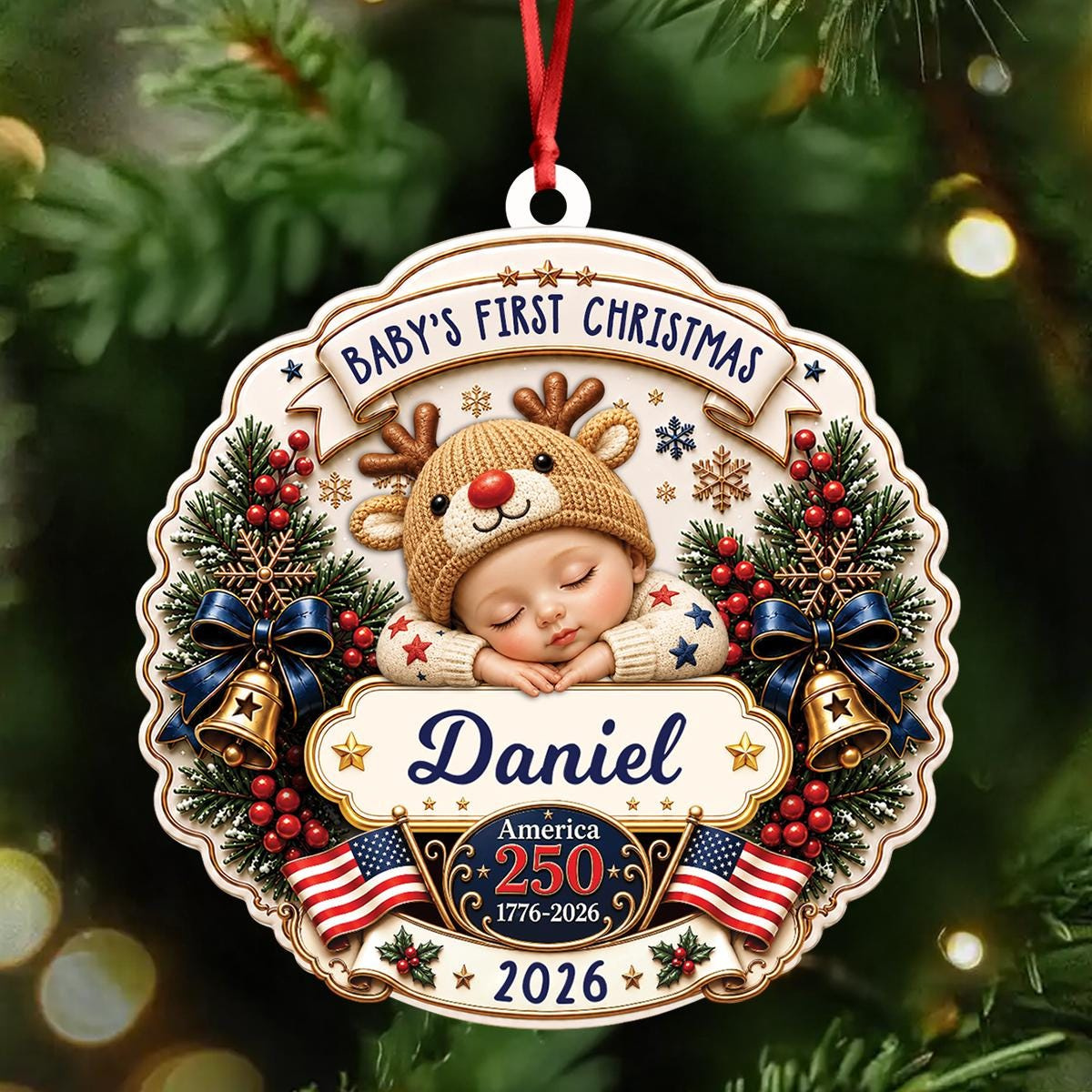 Personalized Babys First Christmas 2026 Ornament - 3D Relief White Acrylic America 250 Keepsake 1 - MeasureMason Personalized Babys First Christmas 2026 Ornament - 3D Relief White Acrylic America 250 Keepsake 1