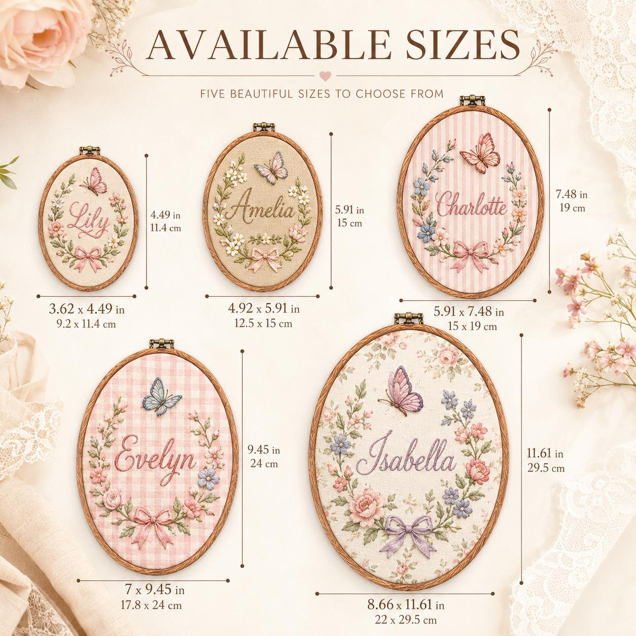 Custom Embroidered Name Hoop Ornament - Floral Butterfly Nursery Decor, Personalized Baby Girl Gift, Oval Wood Frame 4 - MeasureMason Custom Embroidered Name Hoop Ornament - Floral Butterfly Nursery Decor, Personalized Baby Girl Gift, Oval Wood Frame 4