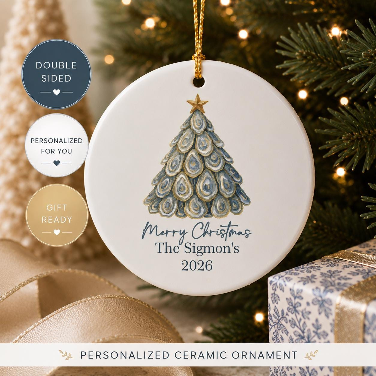 Personalized Coastal Christmas Ornament - Oyster Shell Tree Ceramic Ornament - Family Name Double Sided Gift
