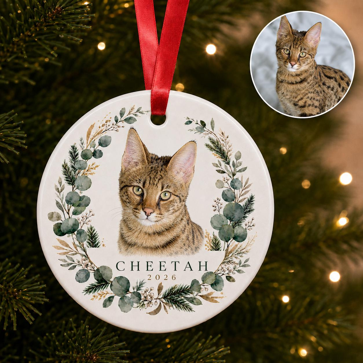 Custom Cat Portrait Christmas Ornament, Personalized Watercolor Pet Photo Ceramic Keepsake, Cat Lover Gift