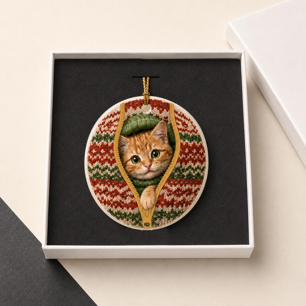 Personalized Ceramic Christmas Ornament - Ginger Cat in Festive Knit Sweater 3 - MeasureMason Personalized Ceramic Christmas Ornament - Ginger Cat in Festive Knit Sweater 3