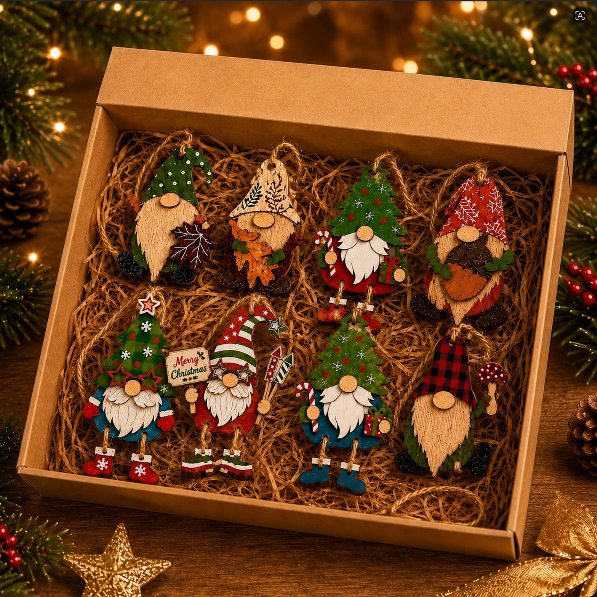 8-Piece Wooden Christmas Gnome Ornaments Set - 3D Layered Farmhouse Holiday Tree Decorations with Hanging Rope 8-Piece Wooden Christmas Gnome Ornaments Set - 3D Layered Farmhouse Holiday Tree Decorations with Hanging Rope