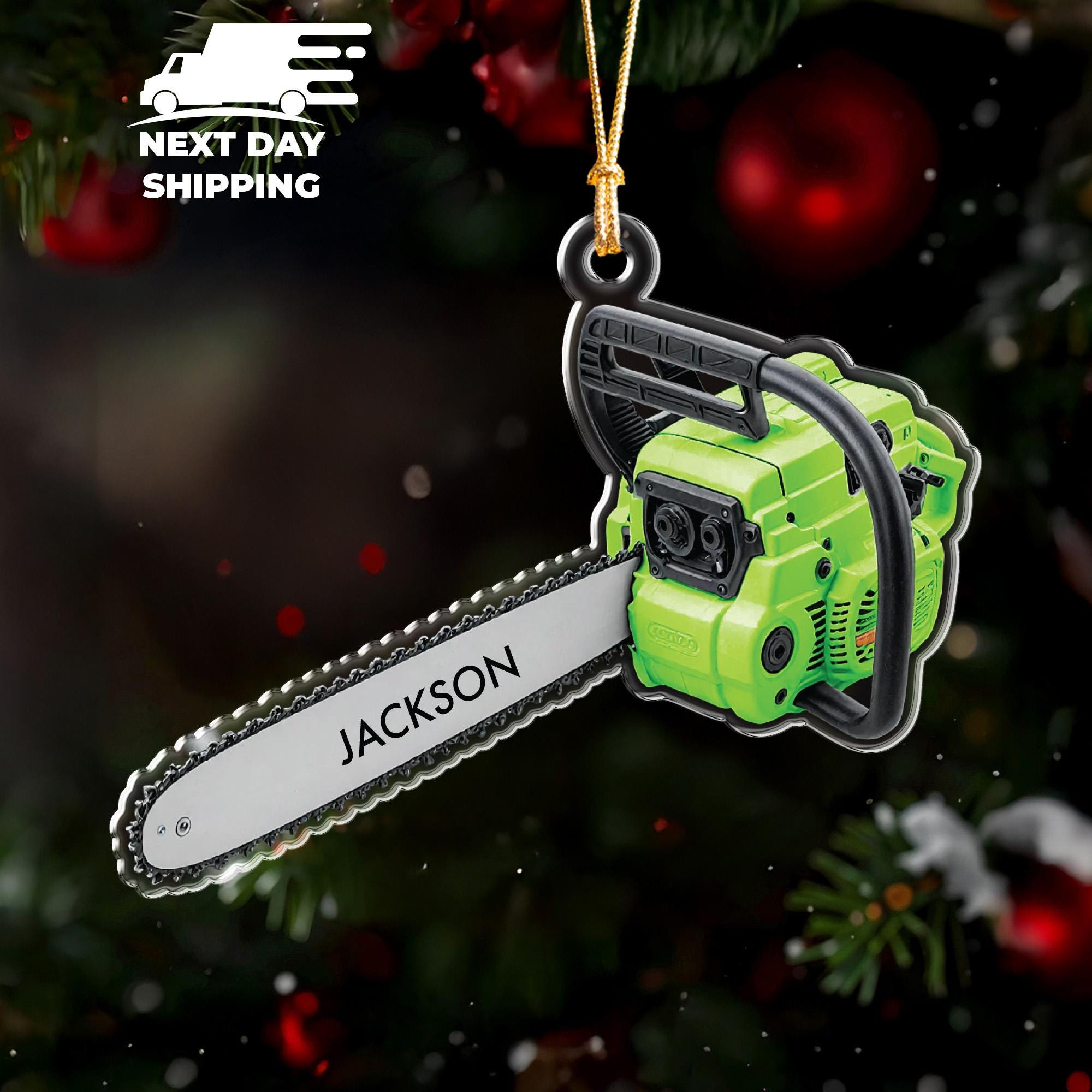 Personalized Mini Chainsaw Arborist Ornament — Custom Name Acrylic Christmas Keepsake