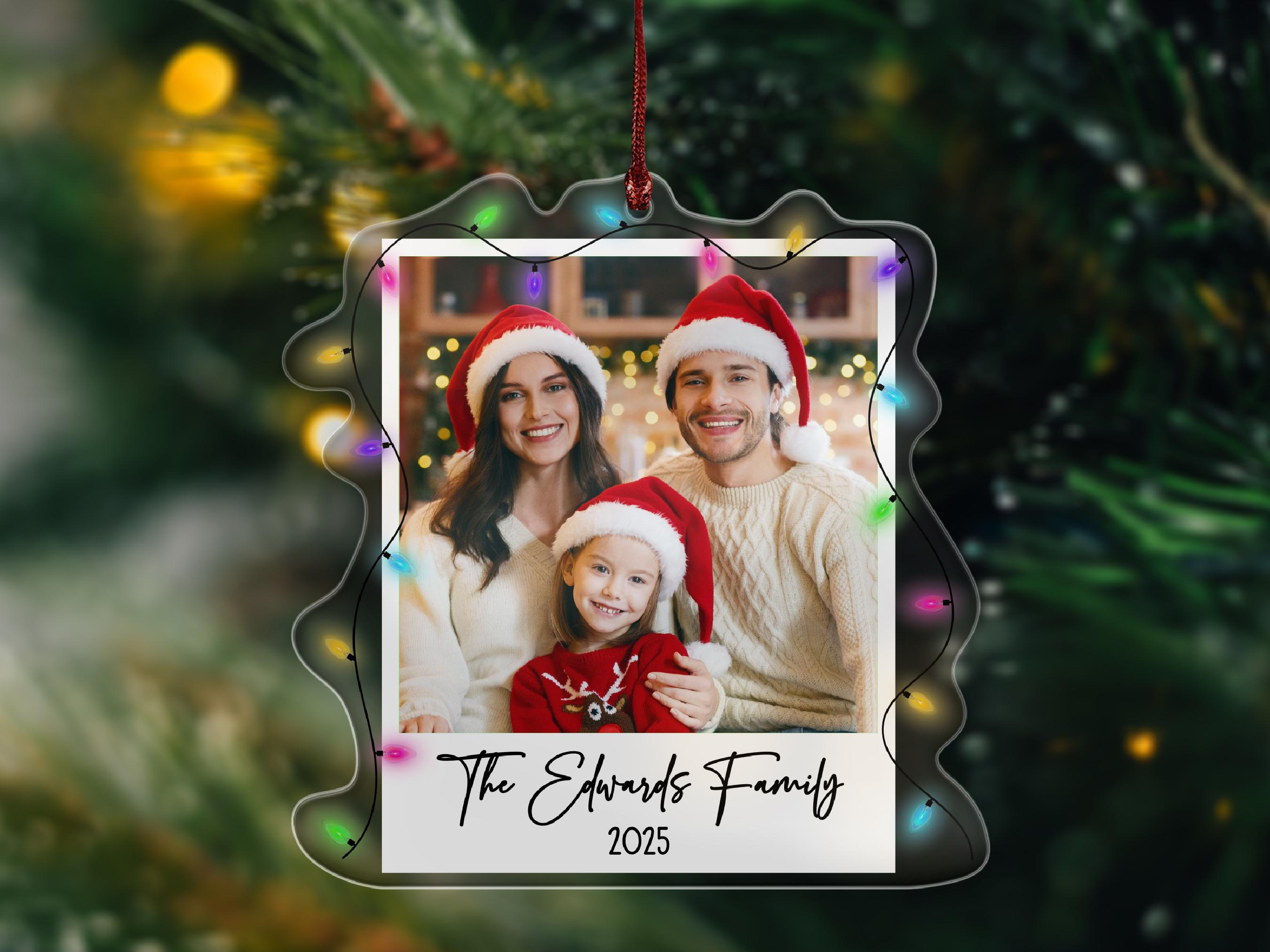 Custom Photo Ornament - Acrylic Polaroid Christmas Ornament with String Lights, Personalized Family Name Year Gift