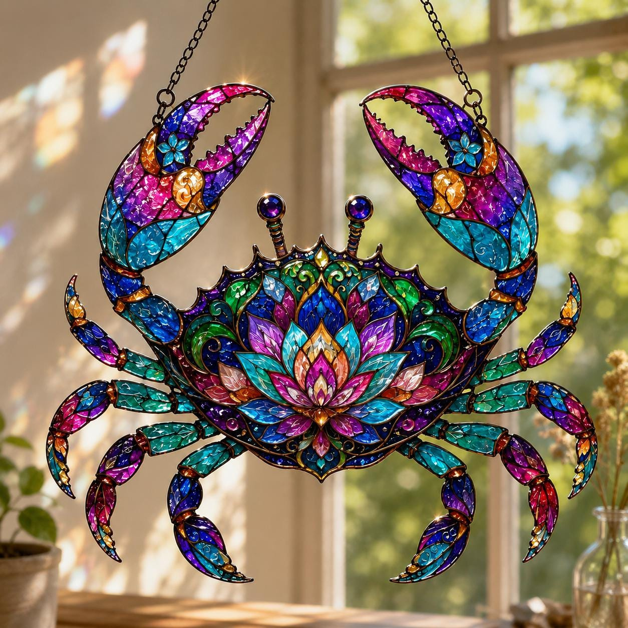 Handmade Crab Stained Glass Suncatcher - Coastal Beach Window Décor 2 - MeasureMason Handmade Crab Stained Glass Suncatcher - Coastal Beach Window Décor 2