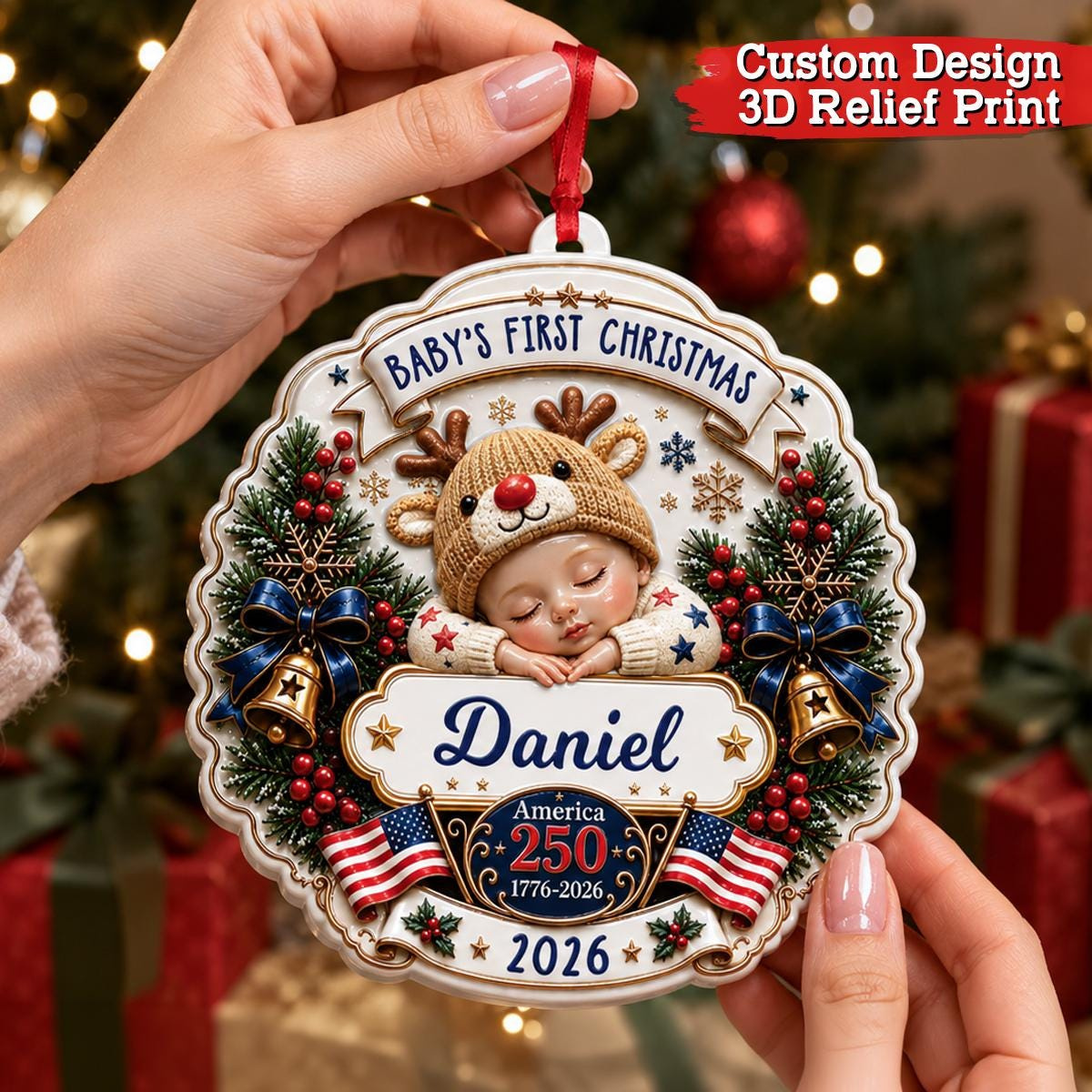 Personalized Baby's First Christmas 2026 Ornament - 3D Relief White Acrylic America 250 Keepsake