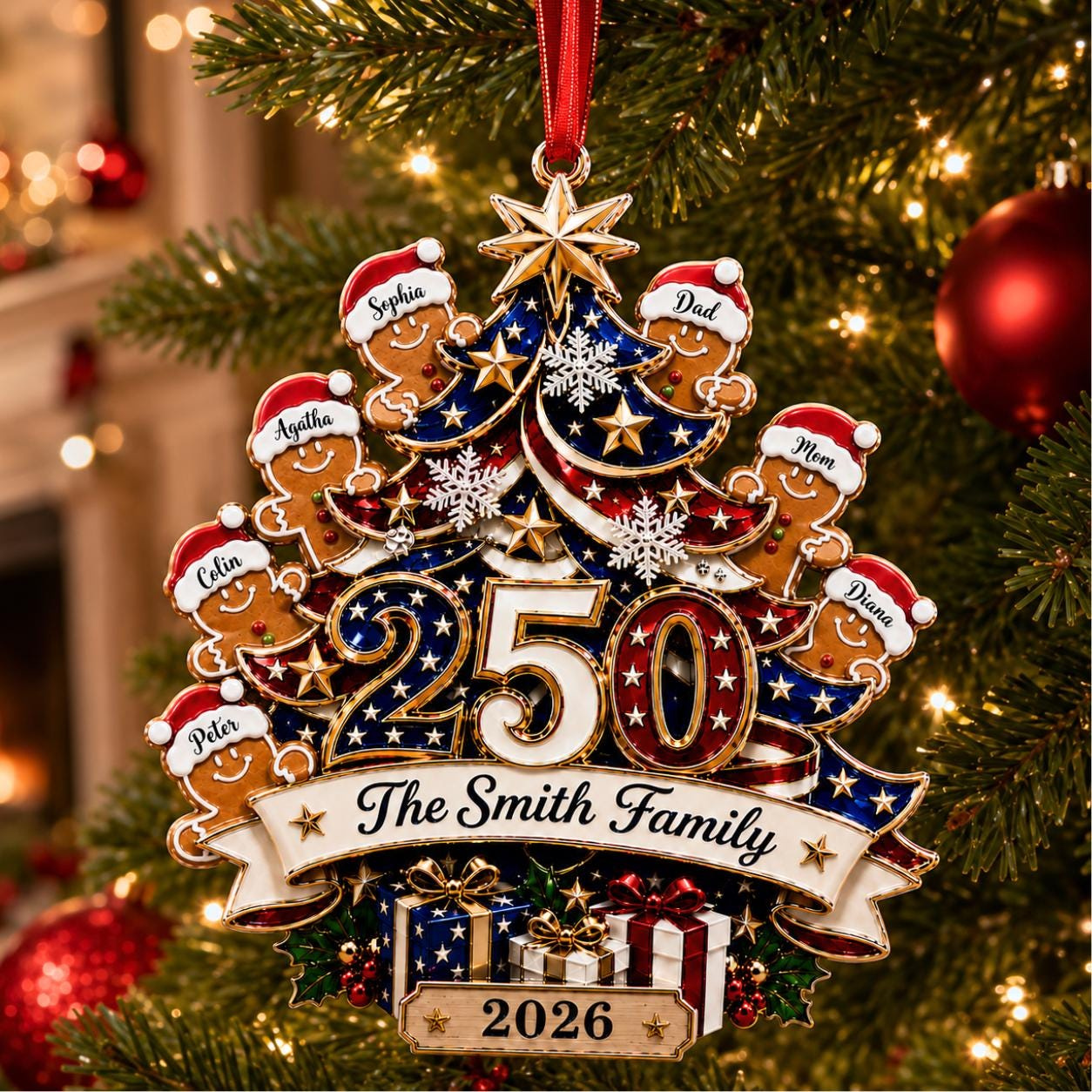 Custom 250th Anniversary Gingerbread Family Patriotic Acrylic Ornament 1776-2026 Custom 250th Anniversary Gingerbread Family Patriotic Acrylic Ornament 1776-2026