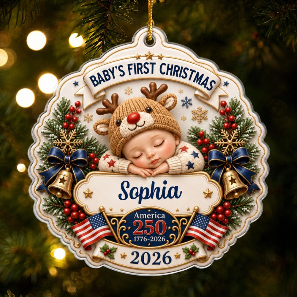 Custom First Christmas Acrylic Ornament, Personalized Baby's 1st Christmas Ornament, America 250 Patriotic Baby Keepsake