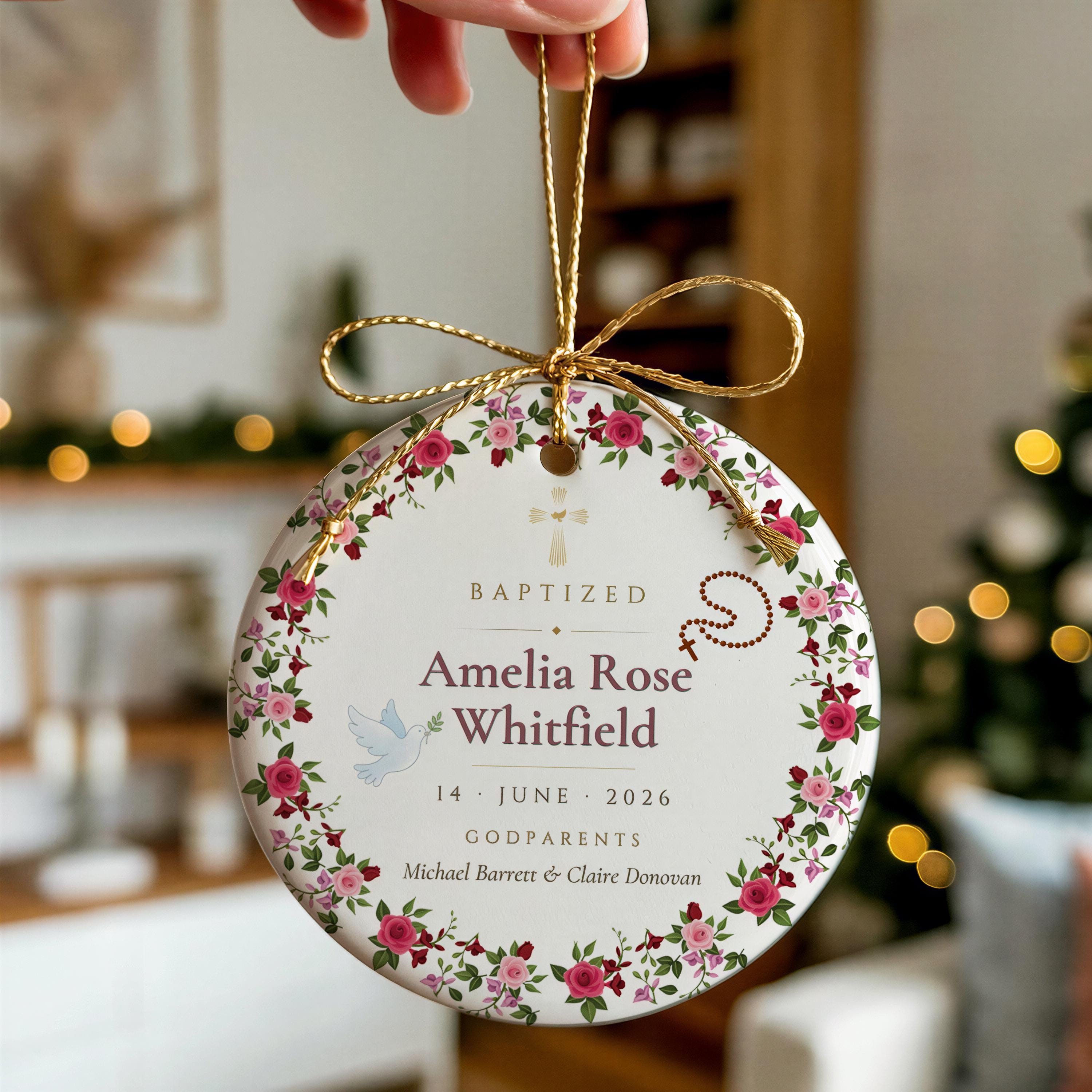 Personalized Baptism Ceramic Ornament with Name and Date, Floral Christening Keepsake Personalized Baptism Ceramic Ornament with Name and Date, Floral Christening Keepsake