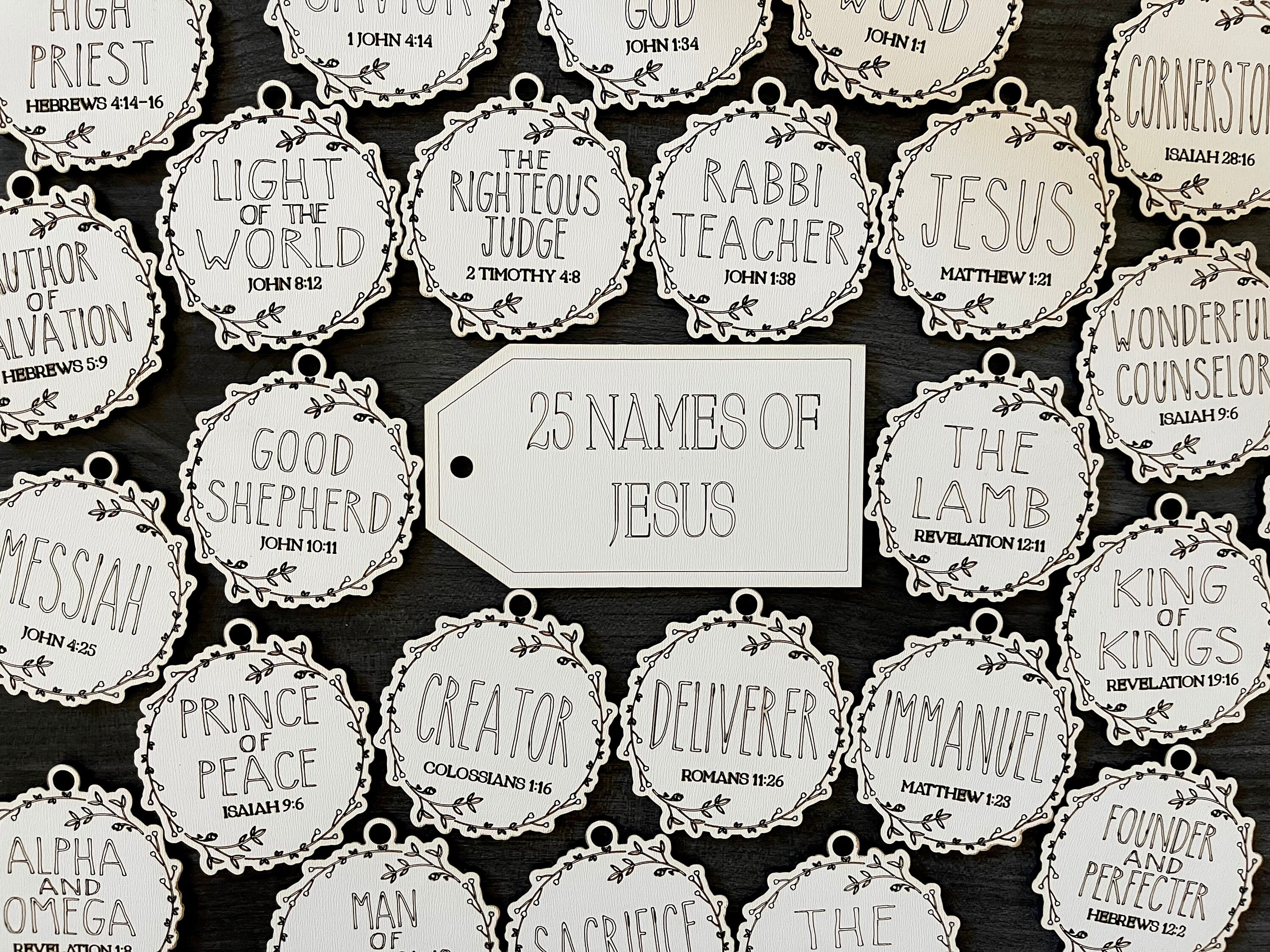 28 Names of Jesus Christmas Ornaments - Laser-Cut Wood Advent Set with Scripture References 1